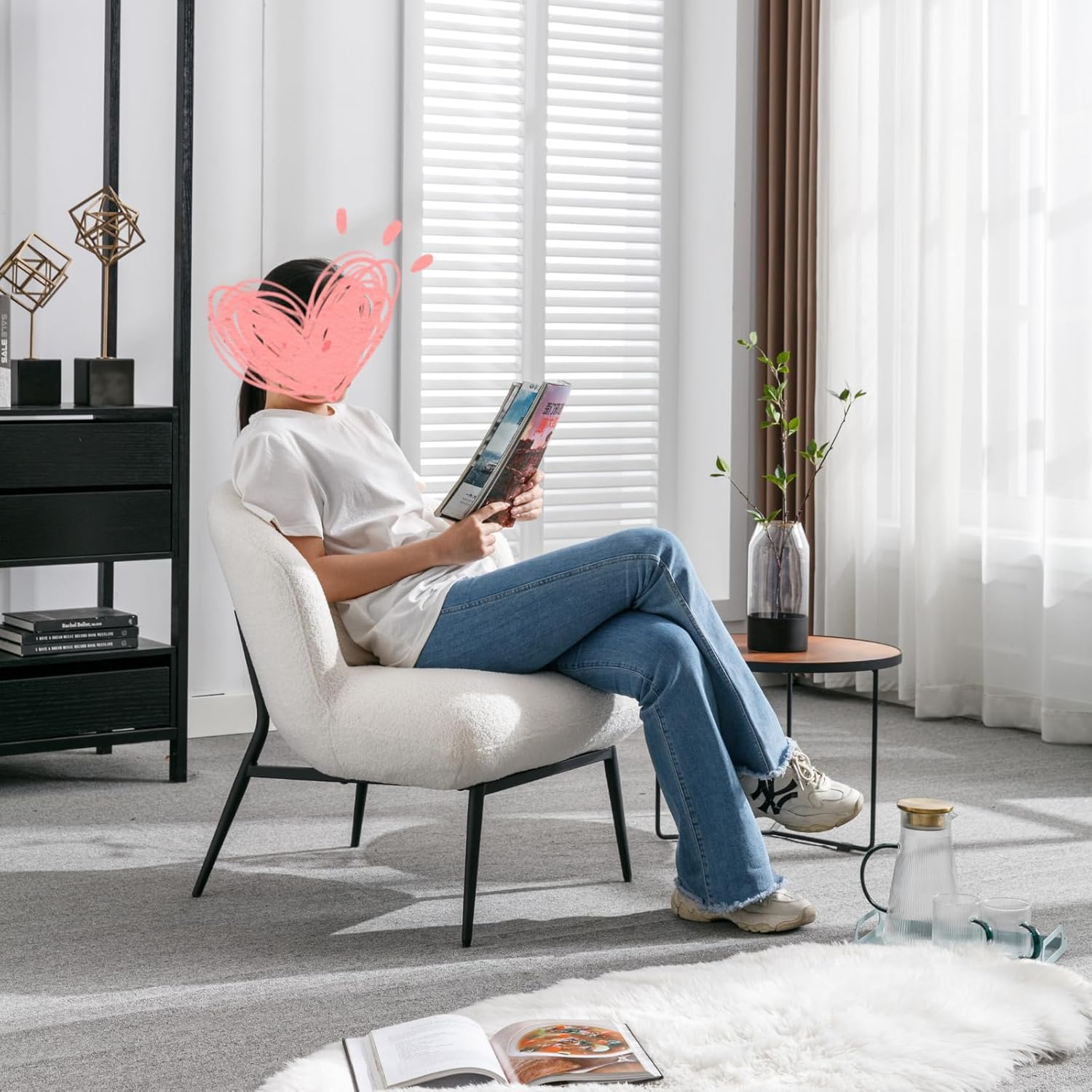 Modern Accent Chair, Upholstered Sherpa Fabric Side Chair Guest Chair with Small Pillow Black Metal Legs, Comfy Lounge Chair for Living Room Bedroom, White image number 6