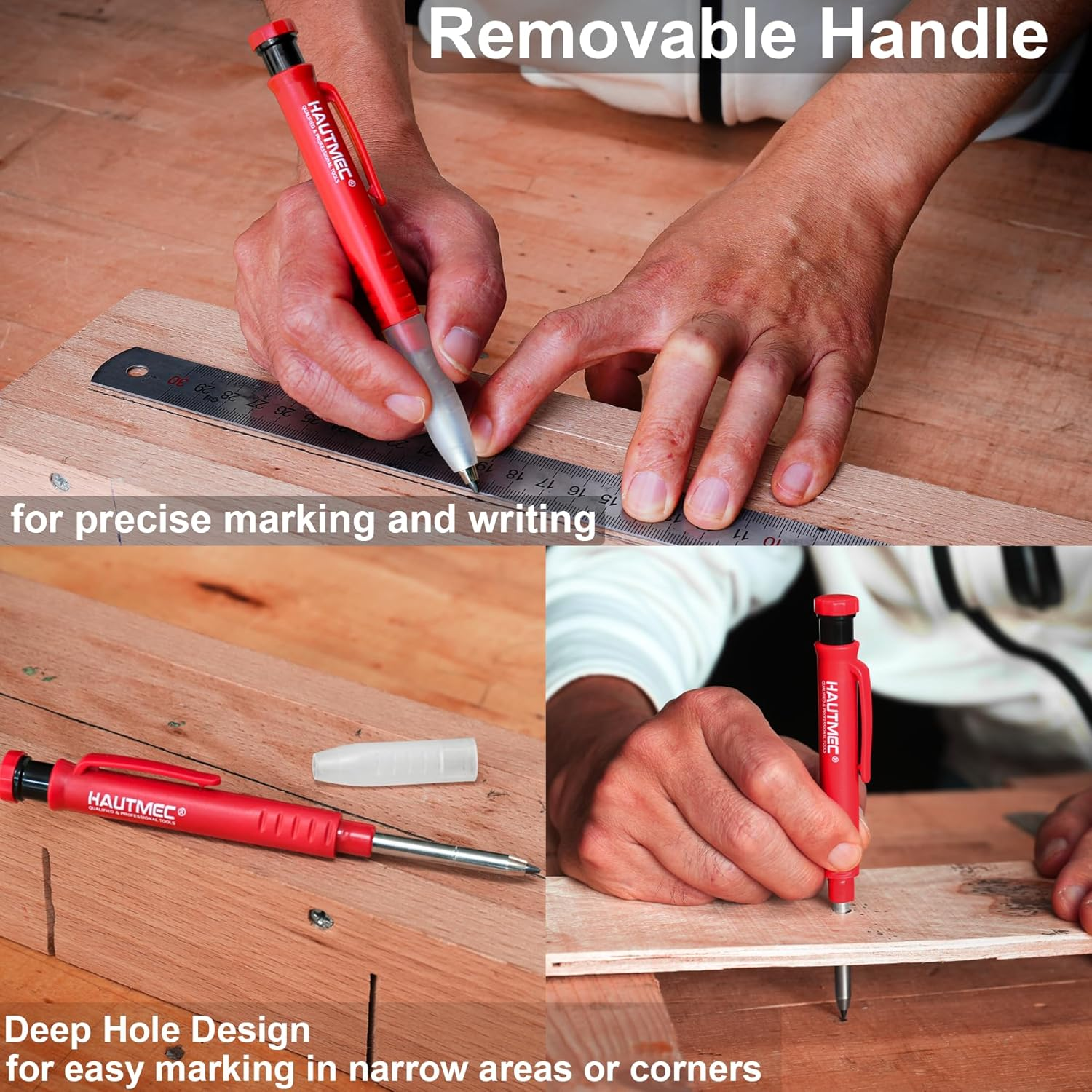 HAUTMEC Solid Carpenter Pencil with 6 Refills, Long Nose Deep Hole Mechanical Pencil Marker with Sharpener for Woodworking Architect Construction (Black, Yellow, Red) HT0293 image number 5