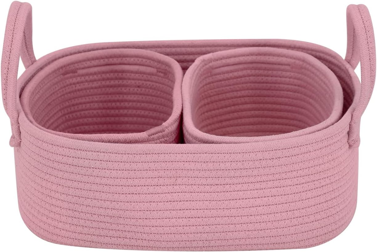Set of 3 Nursery Storage Baskets, Baby Nursery Baskets, Small Woven Baskets for Storage, Cotton Rope Baskets for Toys, Basket with Handles, round Towel Basket Bins - Baby Pink image number 1