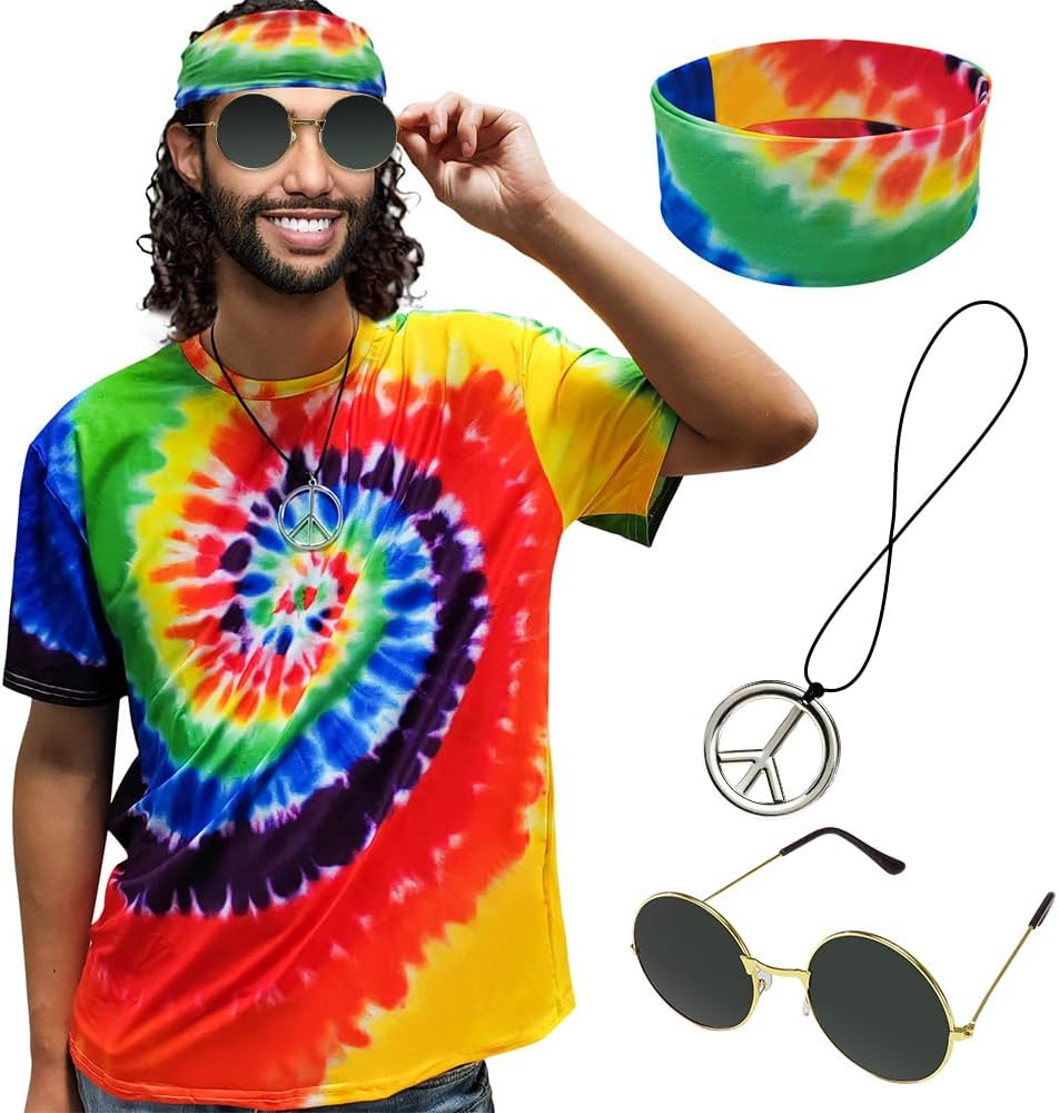 AUTOWT 4Pcs Hippie Costume for Men Women, 60S 70S Costume Accessories, Tie Dye Colorful T-Shirt Peace Sign Necklace Headband Sunglasses for Disco Outfit Cosplay Halloween Carnival Theme Party image number 5