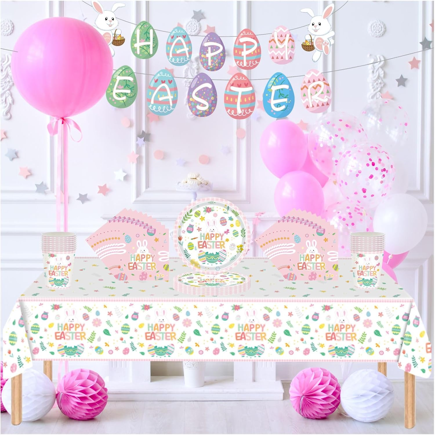 54Pcs Easter Party Tableware Decorations Easter Egg Hunt Cartoon Party Decorations Table Cloth,7Inch Paper Plates,Banner,Paper Napkins for Easter Theme Table Party Favor- Spring Decorations image number 4