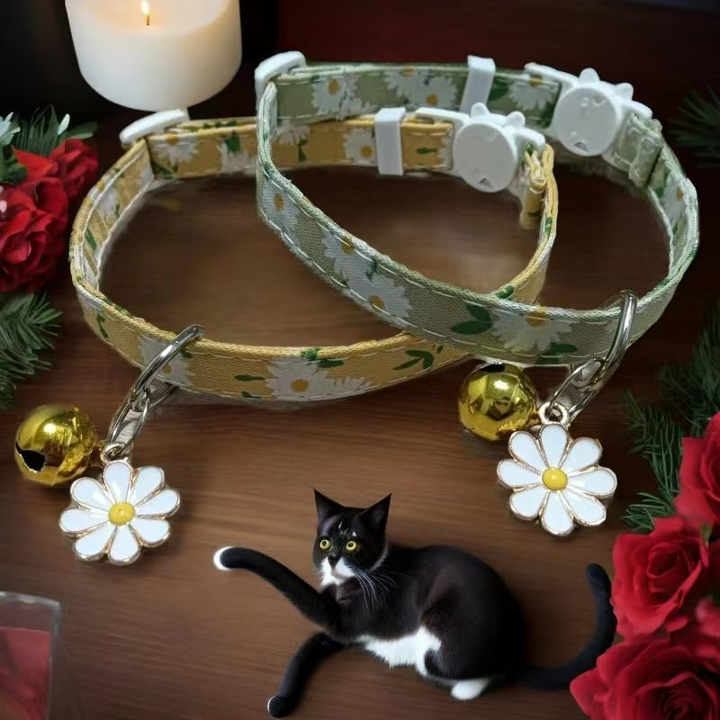 Floral Cat Collar Set with Bell and Daisy Charm, Pack of 3, Pink Purple Green image number 3