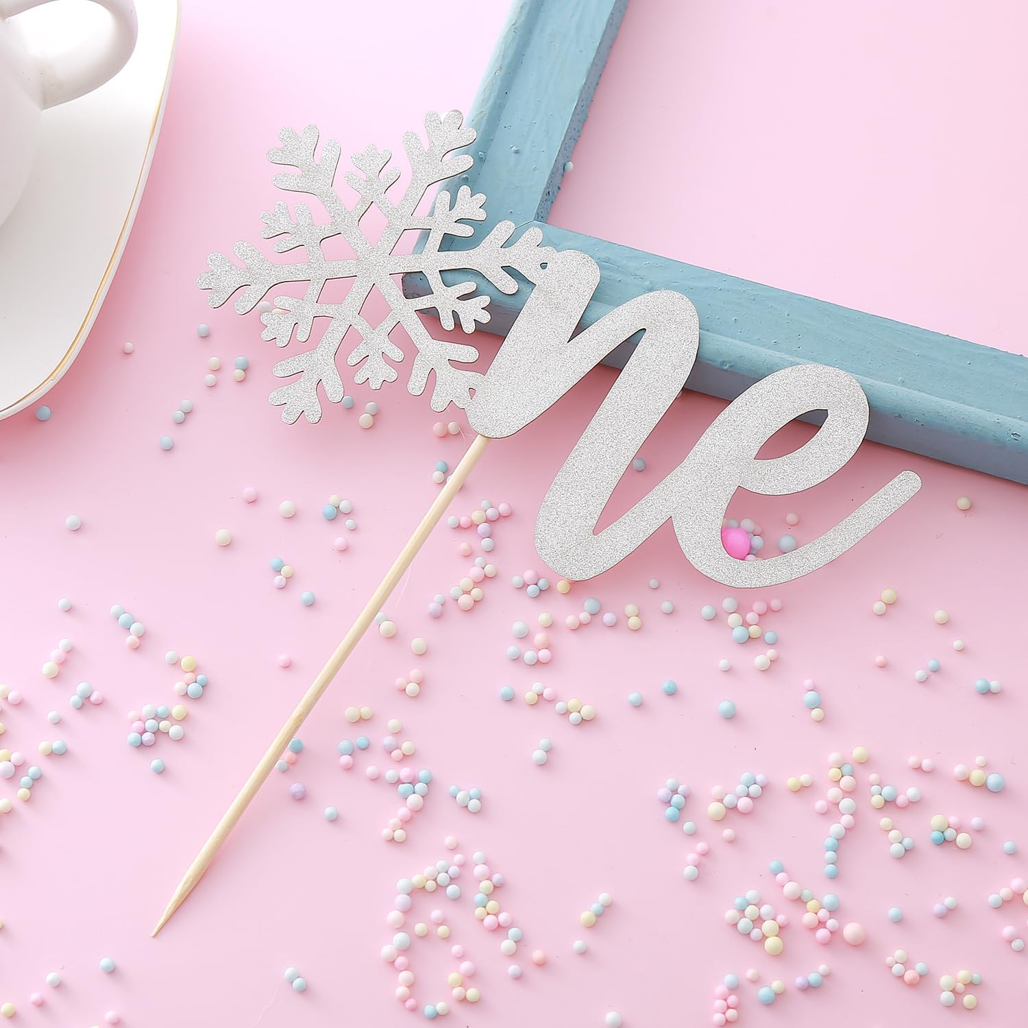 Snowflake One Cake Topper - Silver Glittery First Birthday Cake Topper, Winter Onederland Theme Baby'S 1St Birthday Party Cake Decorations Supplies image number 2