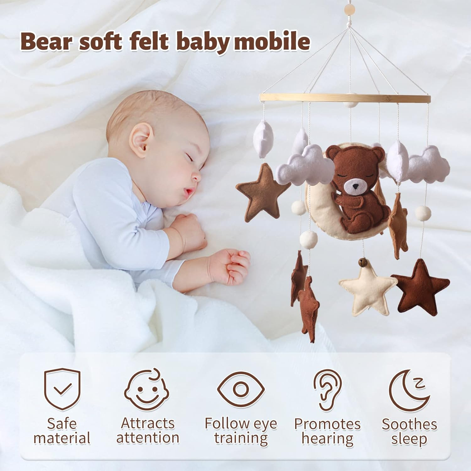 Promise Babe Mobile Baby Wind Chimes Clouds Star Moon Baby Mobile with Bear Handmade Wooden Crochet Animal Wind Chime Bed Bell Pendant for Hanging Baby Bed Nursery Changing Table Playpen Decoration - Felt Bear Mobile image number 4