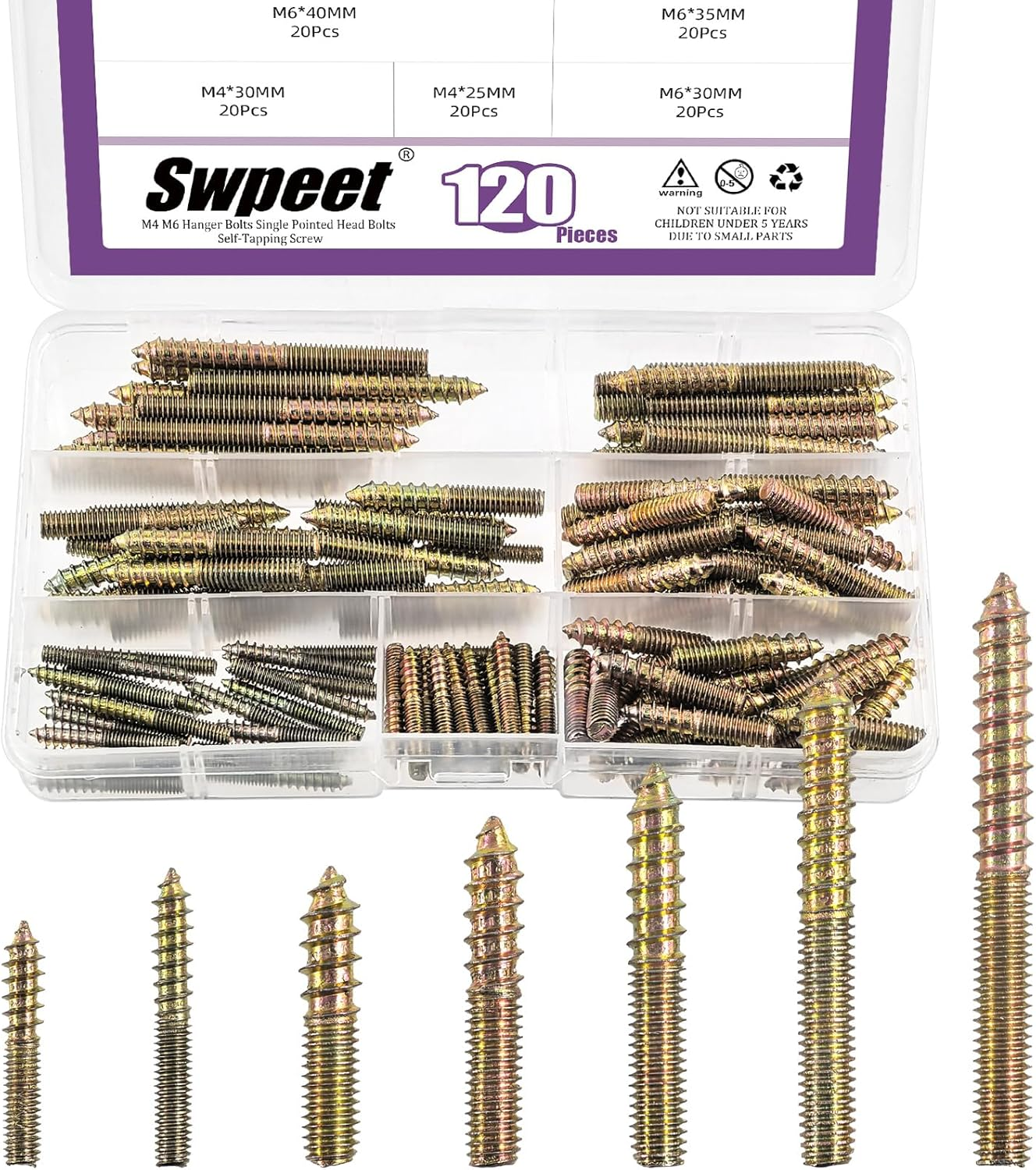 Swpeet 120Pcs 7 Sizes Color Zinc Hanger Bolts Assortment Kit, Double Headed Bolts, Self-Tapping Screw Hanger Bolts, Dowel Screw Bolts Threaded Rods Bolt Furniture Screws for Wood Furniture Joint image number 4