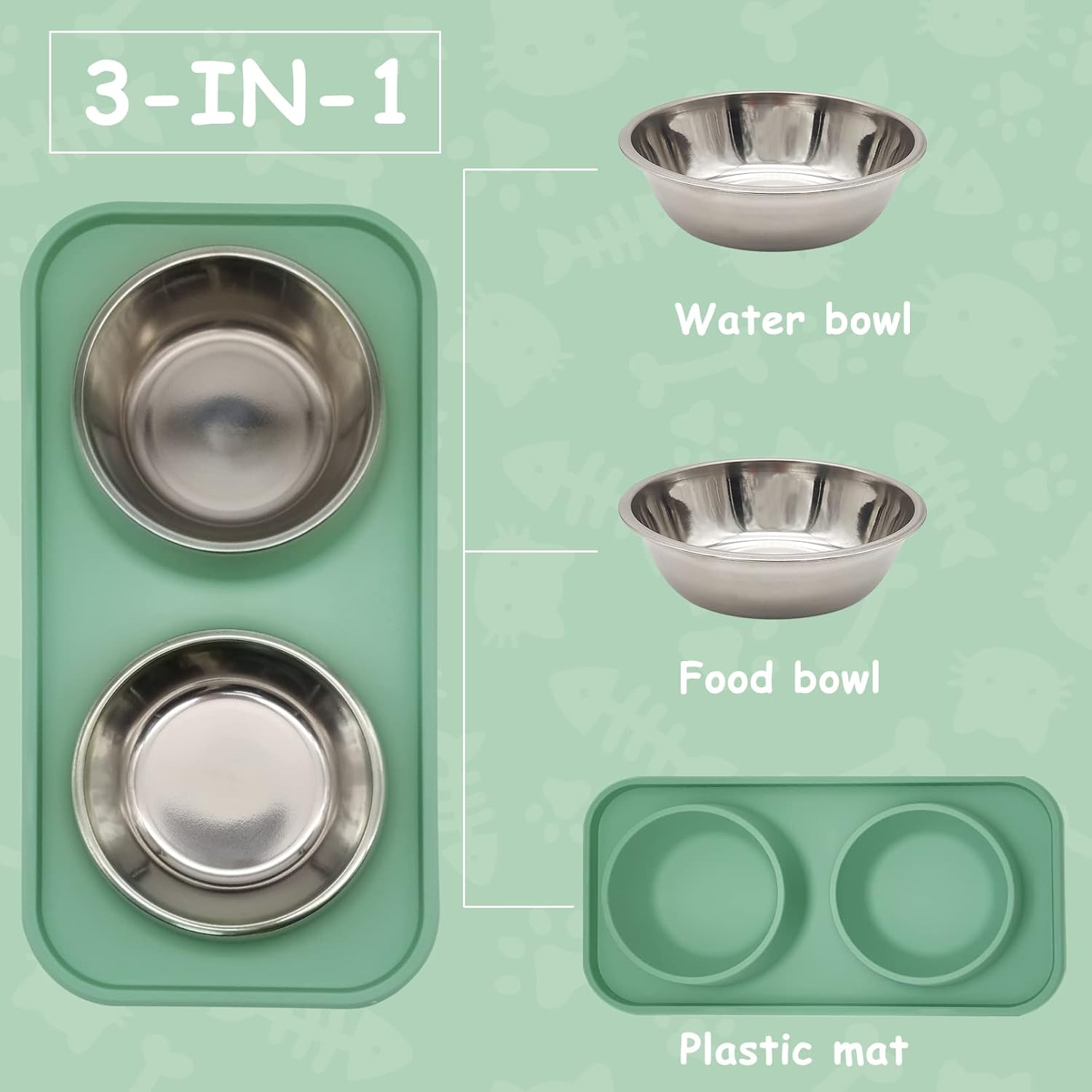 BNOSDM Double Dog Food Bowls Stainless Steel Dog Food and Water Bowls with Non-Spill Plastic Mat Pet Cat Feeder Bowl Set for Puppy Cats Kitten Small Dogs, Dark Green - Green image number 2