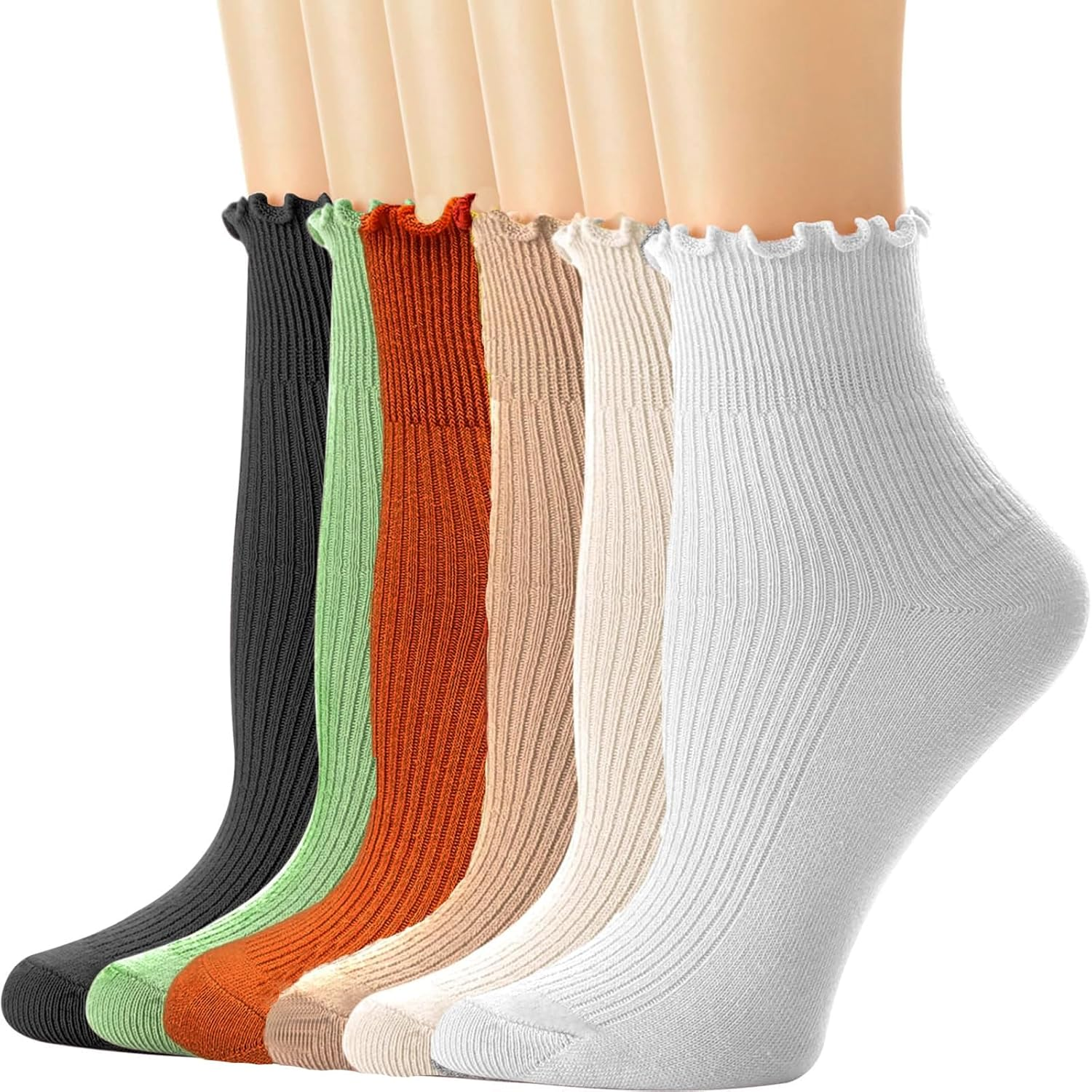 6 Pairs Womens Ruffle Socks,H HOME-MART Ruffle Turn-Cuff Casual Ankle Frilly Socks White Crew Socks Women Breathable Cool