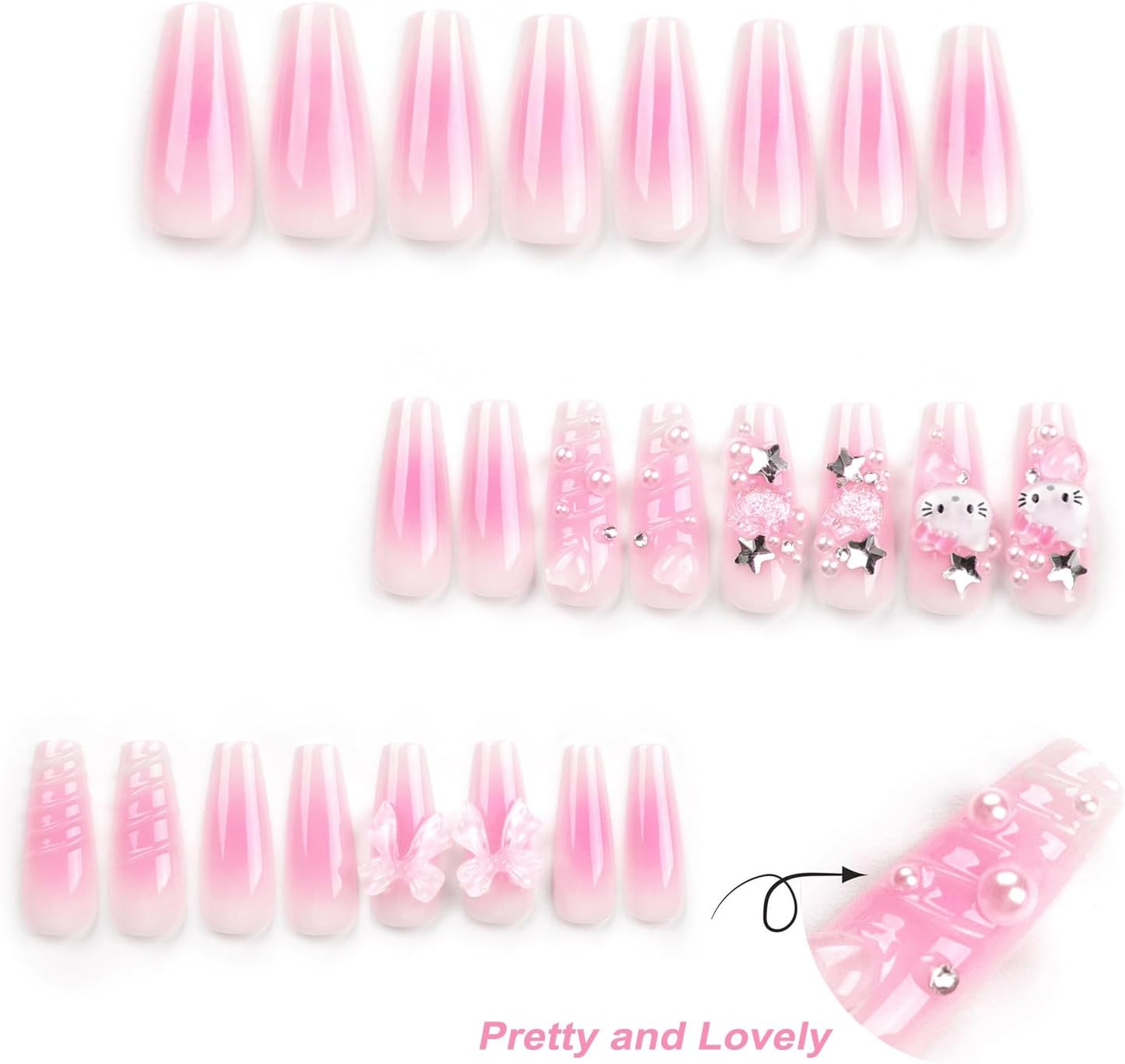 24PCS French Pink Kitty Press on Nails,Cute Kawaii 3D False Nails,Cartoon Y2K Long Length with Pearl and Bow Design,Trapezoid Coffin Fake Nails,Glossy and Full Cover Acrylic Nails for Women image number 3