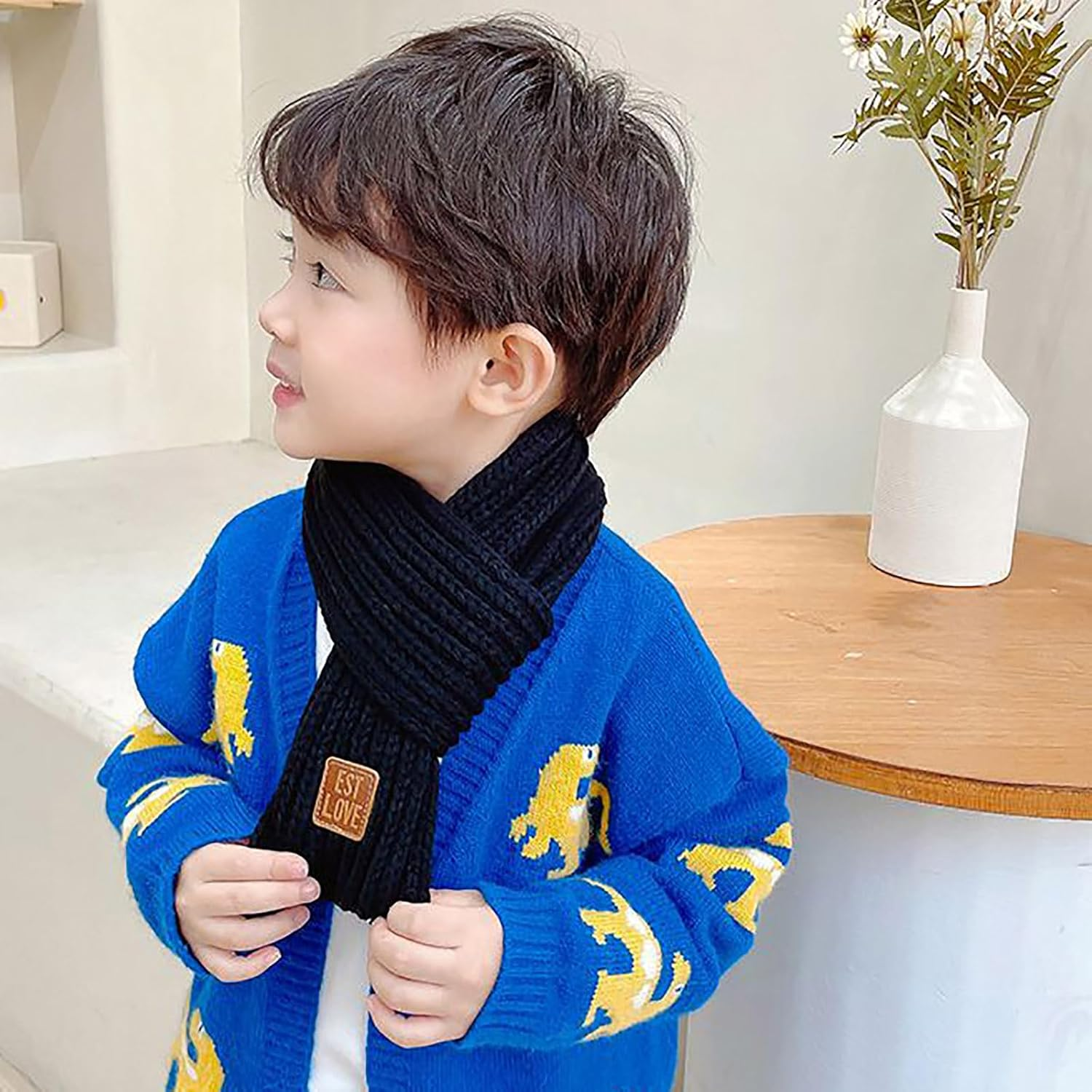 Kids Knit Scarf Winter Fashion Solid Color Toddler Baby Scarves Wrap Neck Warmer - Black image number 3