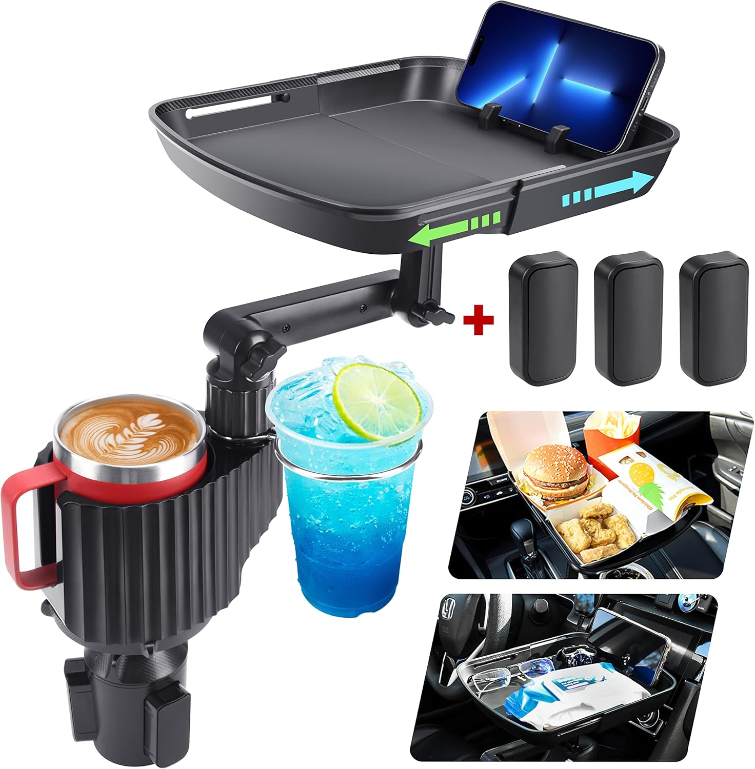 Expandable Car Food Table Tray - 3 in 1 Cup Holder Expander, Fits 12-40 Oz - Road Trip Essentials, Car Travel Accessories image number 5