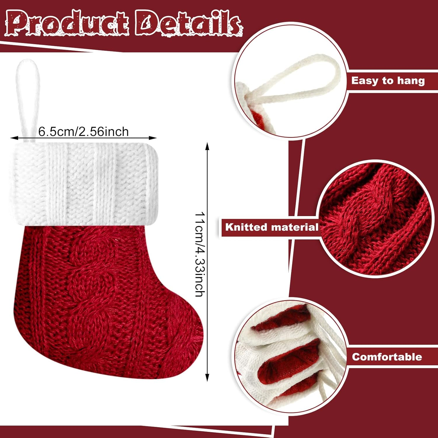 24 Pcs Christmas Mini Stockings Red Cable Xmas Rustic Stocking Mini Stockings Christmas Bulk Little Holiday Hanging Decorations Christmas Tree Ornaments for Fireplace Mantel Tree (Vintage Style) image number 3
