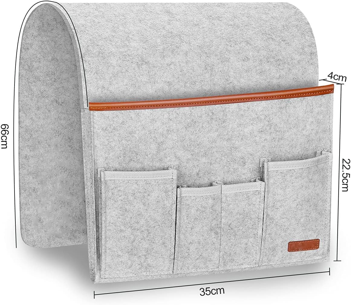 Sofa Armrest Organizer, Hanging Sofa Caddy Storage Bag with Long Flap and Hook, Sofa Remote Control Holder Bag with 5 Pockets for Magazine, Glasses, Tablet, Phone, Ipad, Non-Slip (Grey) - Grey image number 6