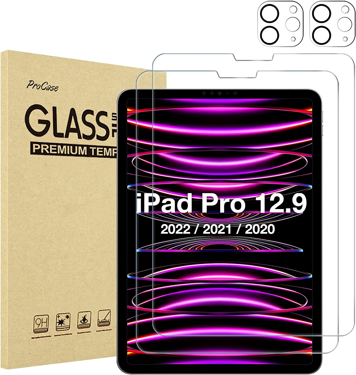 Procase 2+2 Pack Screen Protector for Ipad Pro 11 Inch 2025/2024 (M5/M4) with Camera Lens Protector, Tempered Glass Film for Ipad Pro 11" -2Clear