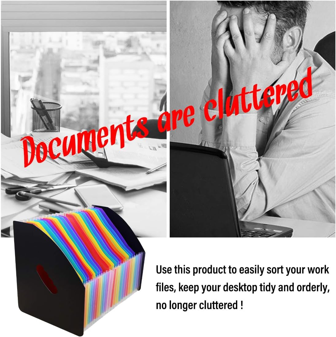 SAYEEC Clearance 24 Pockets Accordion File Organizer Upright Desktop Expandable Magazine Holder A4 Document File Holder Letter Size Stand Organizer Black Cover - Black With Rainbow Insert 24 Pockets image number 6