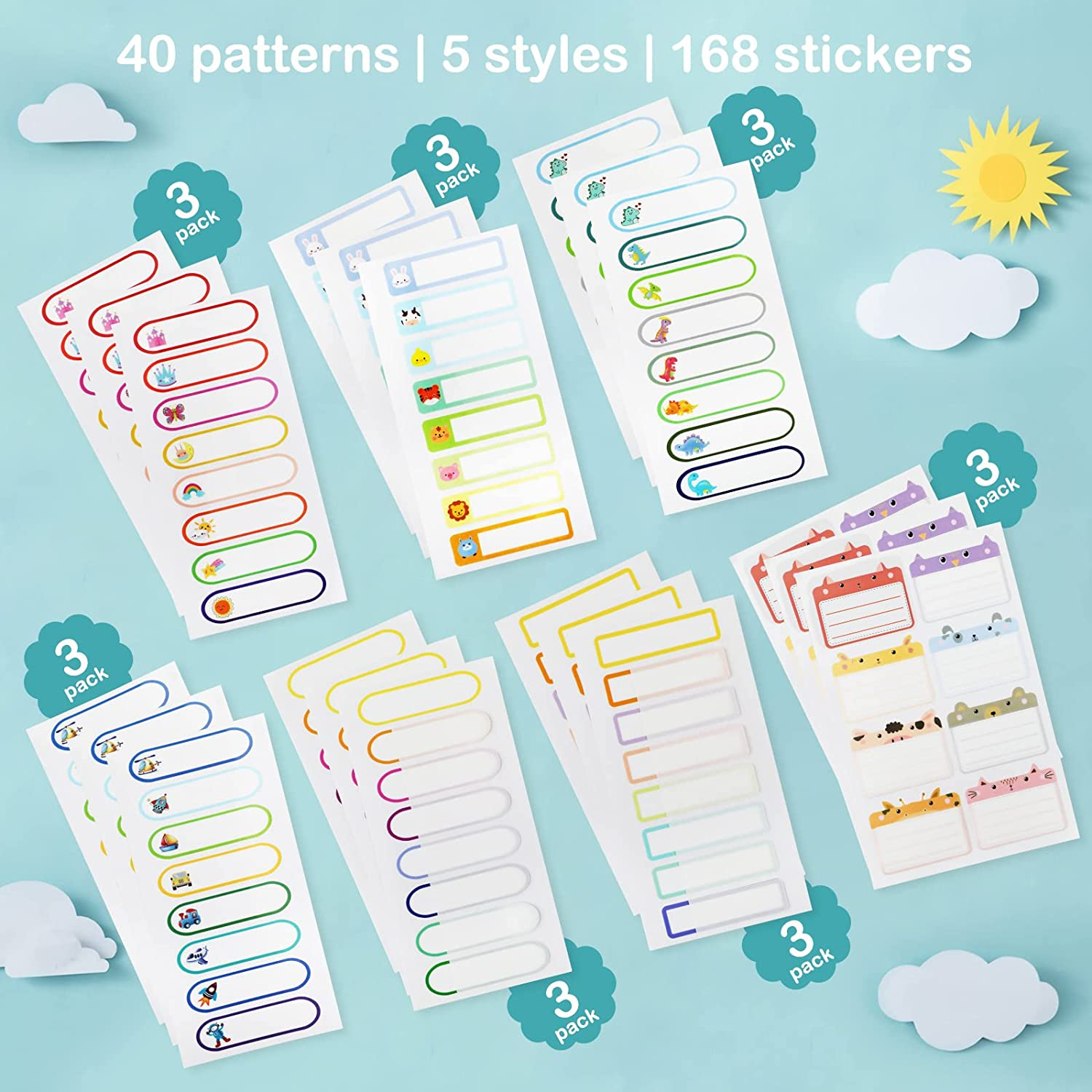Geeric 168 Pcs Baby Bottle Labels for Daycare, Tinabless School Name Labels for Kids Self-Laminating Waterproof Write-On Name Labels Dishwasher Safe Stickers Kids Name Tags,Assorted Sizes & Colors image number 3