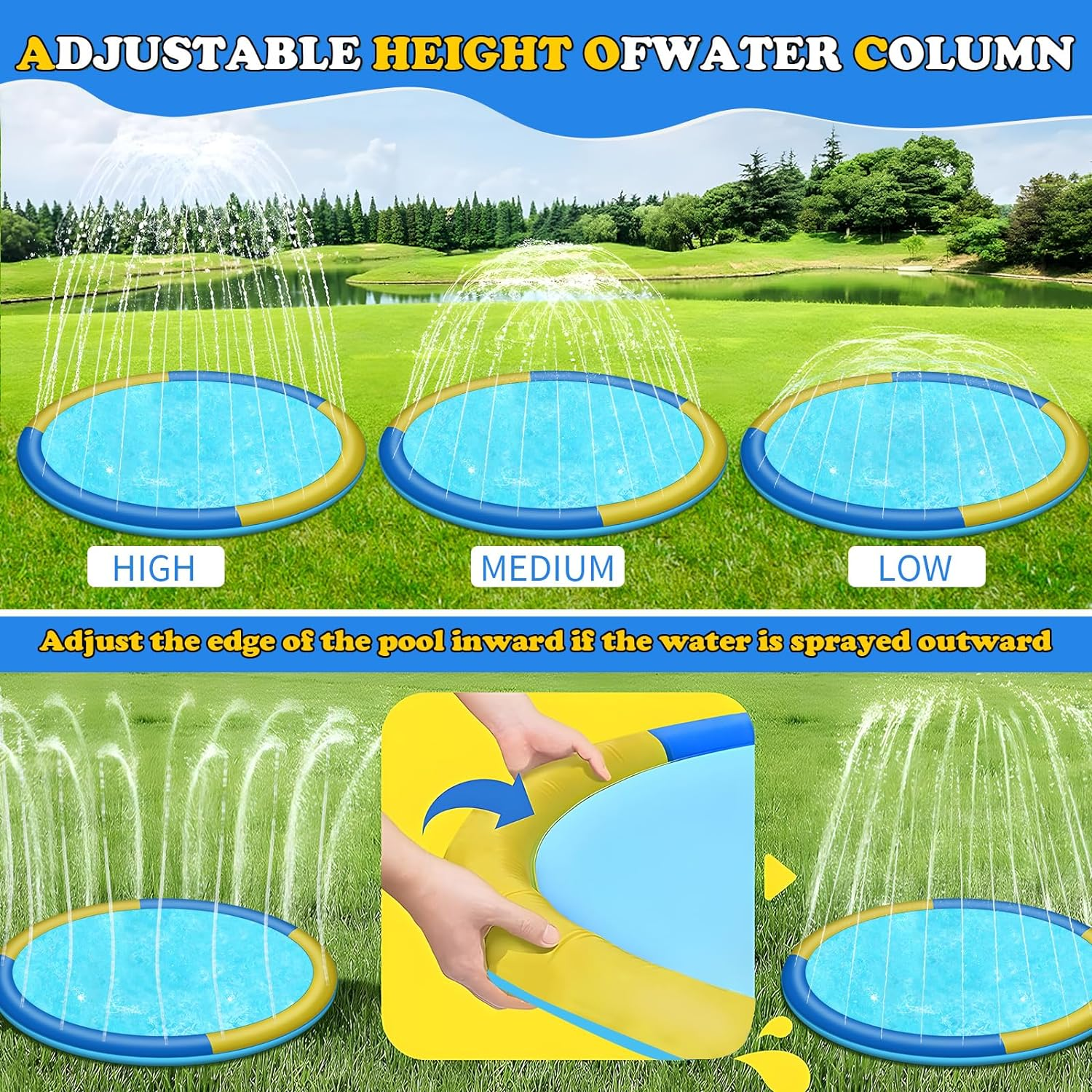 97" Non-Slip Splash Pad for Kids and Dog, Thicken Sprinkler Pool Summer Outdoor Water Toys, Extra Large Backyard Wading Pool for Children Boys & Girls or Pet Dog (Blue&Yellow) image number 3