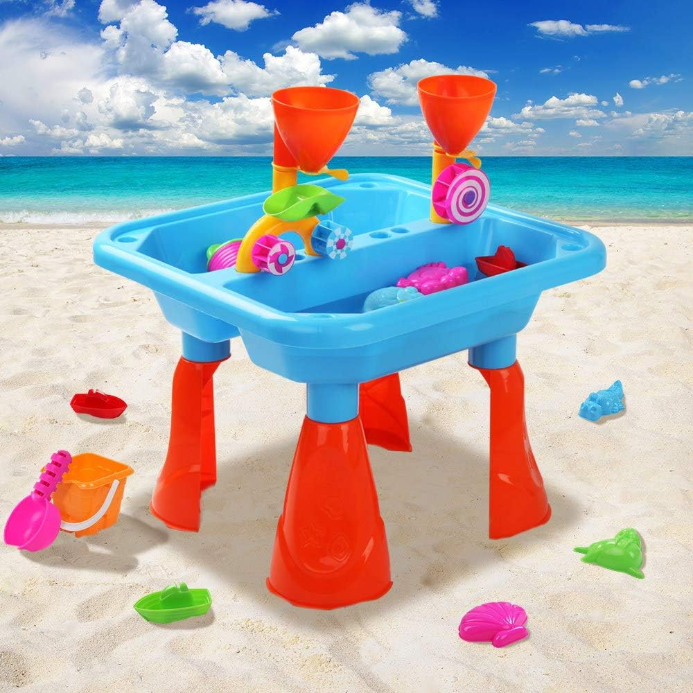 Keezi Water Table, 23Pcs Sandpit Toys Kids Pretend Play Set Toddler Sand Tables Baby Activity Beach Toy Outdoor Plays Equipment, with Sands Moulds Bucket Spade Multi-Coloured image number 6