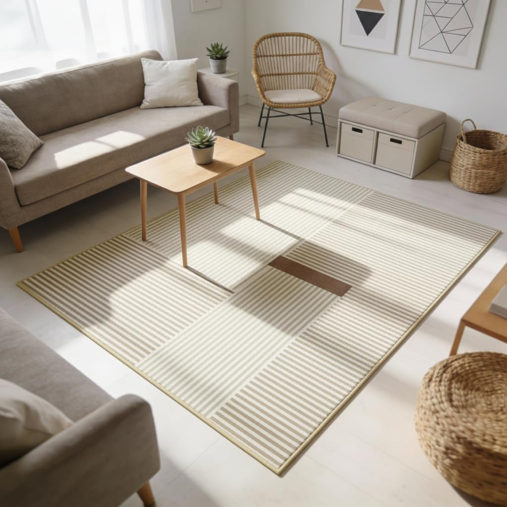 UZU 120X160Cm Machine Washable Area Rug for Living Room and Bedroom Non-Slip Geometric Lines Faux Cashmere Carpet Indoor Large Durable Soft Floor Mat Low Pile Rugs with Anti-Slip Backing - Home Decor