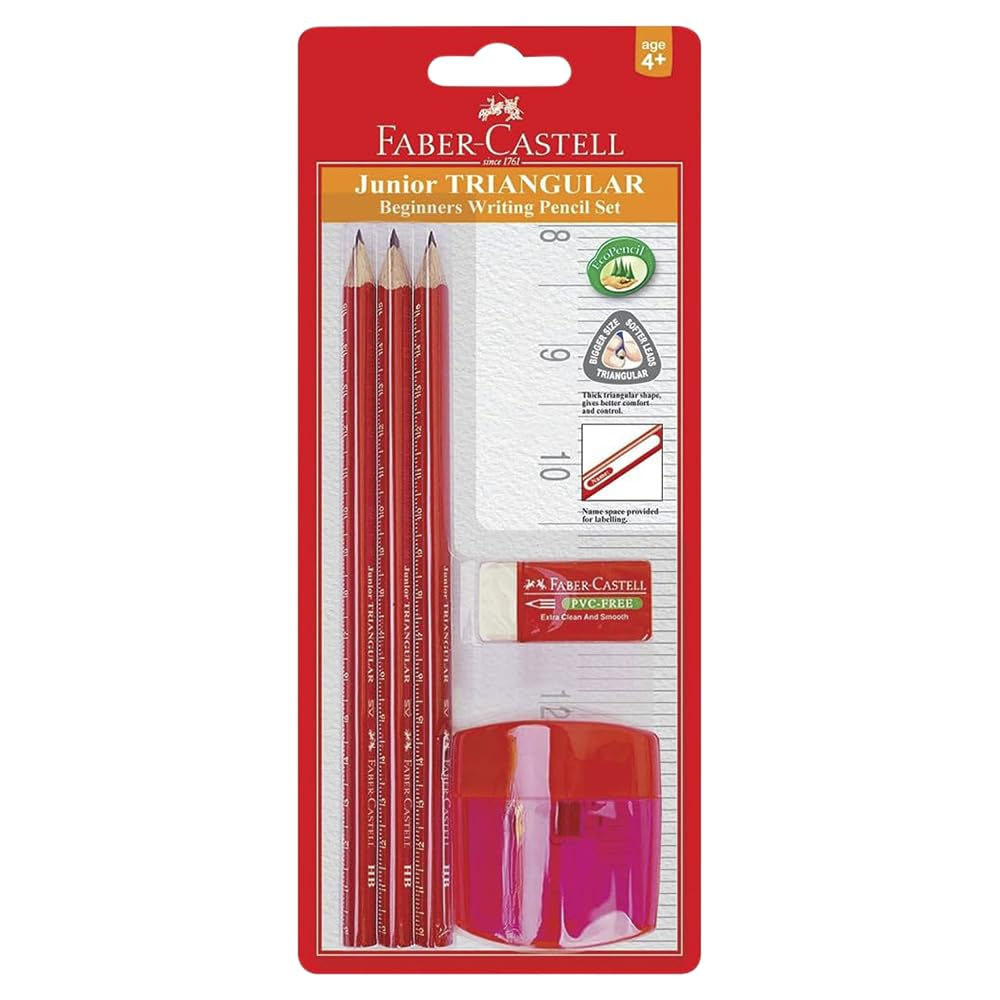 Faber-Castell Ergonomic Junior Triangular Graphite Pencil Set, 2B &ndash; 3 Graphite Pencils 2B, 1 Pvc-Free Eraser and 1 Sharpener, (89-116535) image number 1