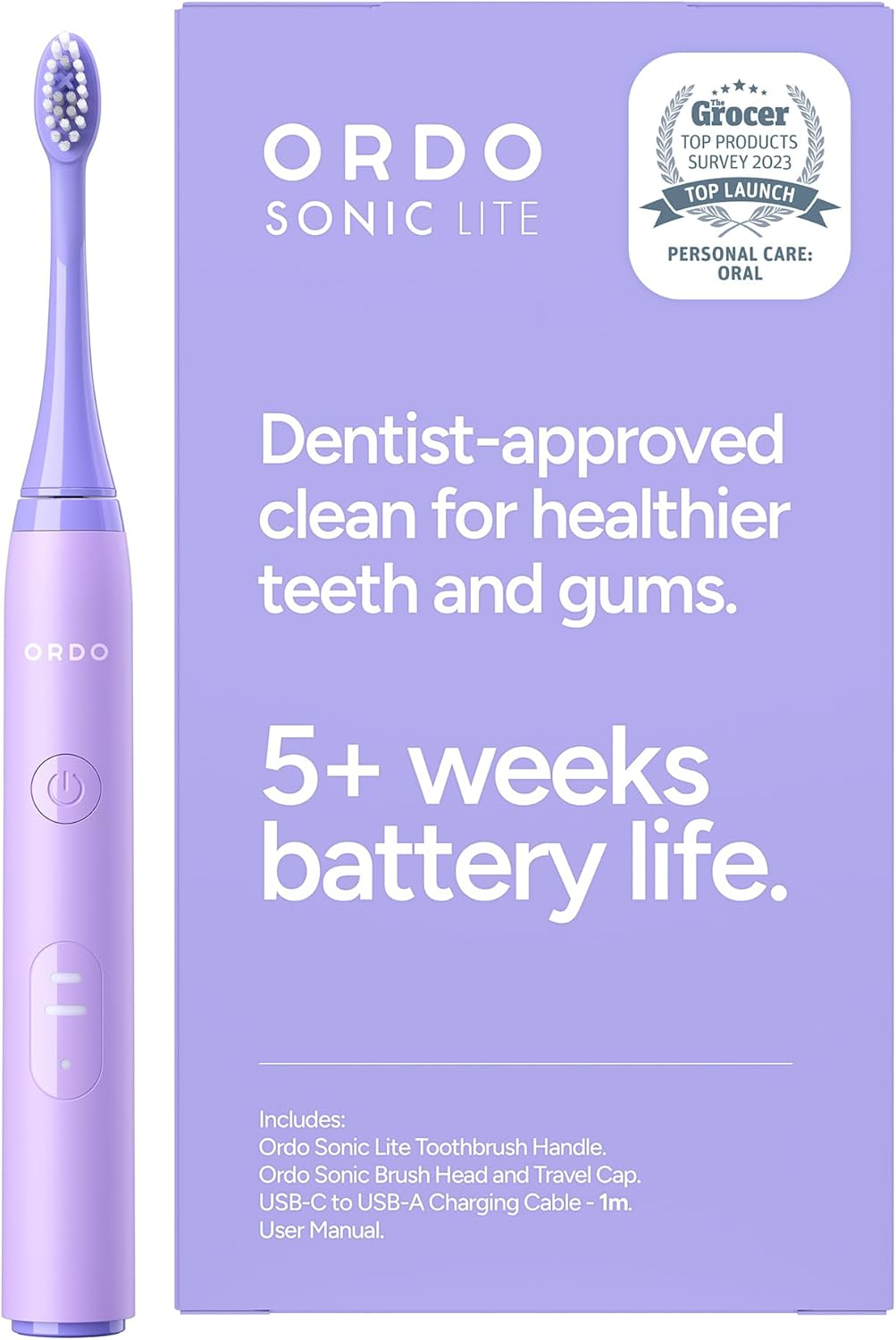 Ordo Sonic Lite | Sonic Toothbrush with 35,000 Pulses/Min | Electric Toothbrush for Adults | Dual Modes | 5+ Weeks Battery | Smart Timer | Waterproof | USB-C Stone