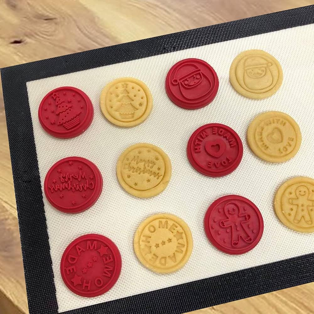 6 PCS Silicone Holiday Christmas Cookie Stamp Set with round Cookie Cutter, Wooden Press Handle, Christmas Cookie Cutter, Santa Claus, MADE with LOVE, Gingerbread Man, HOME MADE image number 2