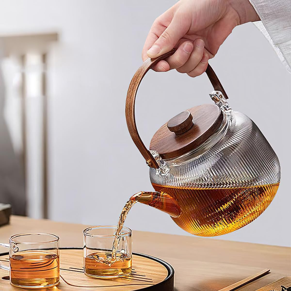 Borosilicate Clear Tea Pot, 1000Ml (33.8Oz) Glass Teapot Kettle with 2 Type Removable Infuser and Wooden Lid, Gas & Electric Stovetop Safe, for Blooming Flower Tea and Loose Leaf Tea - Transparent Color image number 3