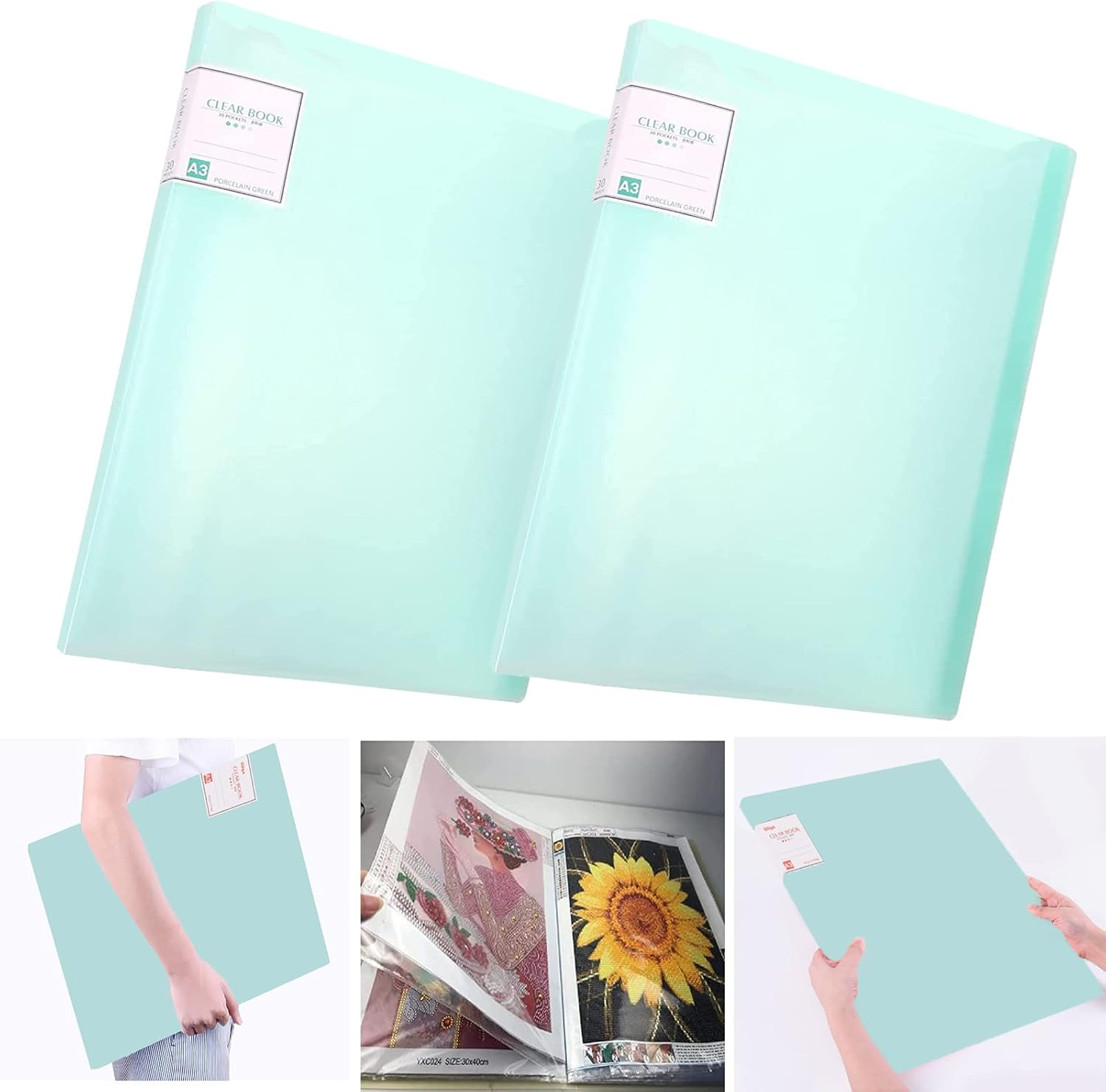 2Pcs A3 Diamond Art Painting Storage Book, Diamond Art Portfolio Folder with 30 Pags Clear Pocket Slevees Protectors, A3 Storage Book with Handle,Large Artwork Report Sheet Letter Poster Storage Bag
