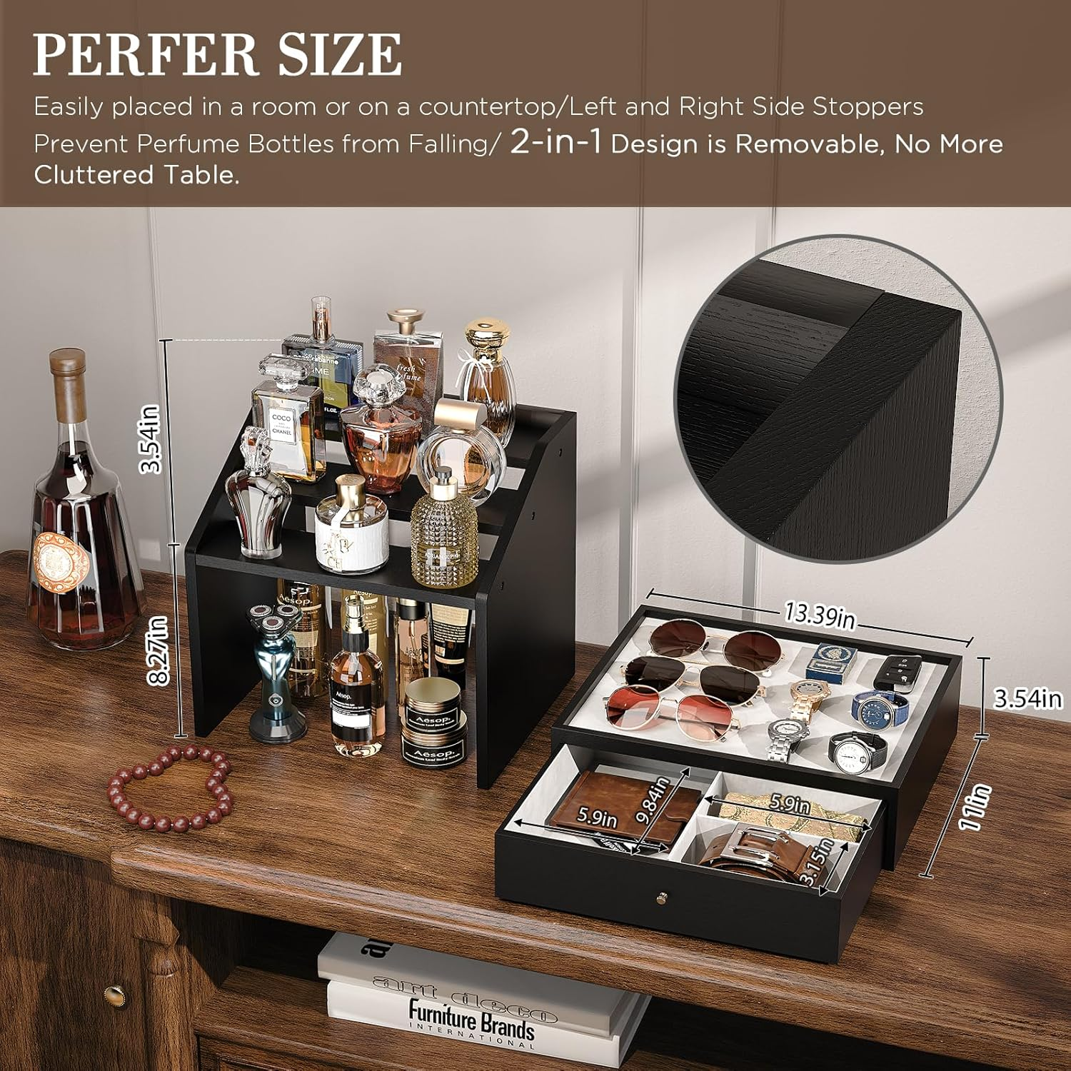 Cologne Organizer for Men, Large Capacity Perfume Organizer with Drawer, Cologne Storage Perfume Display Stand, Wooden Cologne Holder for Dresser, Black