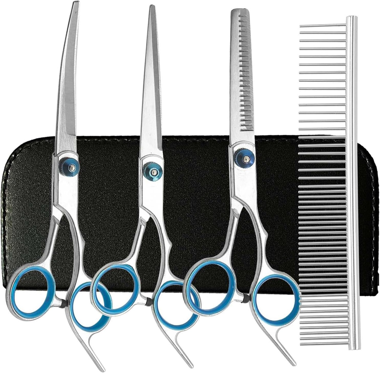 Dog Grooming Scissors Set with Safety round Tip, 3Pcs Dog Grooming Scissor and 1 Dog Grooming Comb, Pet Grooming Scissor for Dogs, Cats and Other Animals(Color:Blue+Silver)