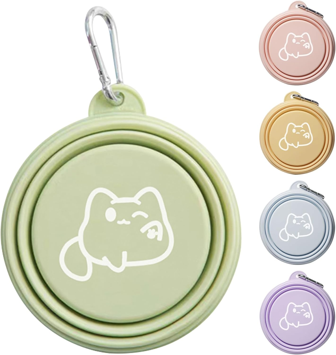 2 Pack 350Ml Collapsible Pet Bowl with Carabiner, Portable Silicone Travel Bowl with Cat Design, for Cat and Medium Dog, 5 Colours Available (Green) image number 2
