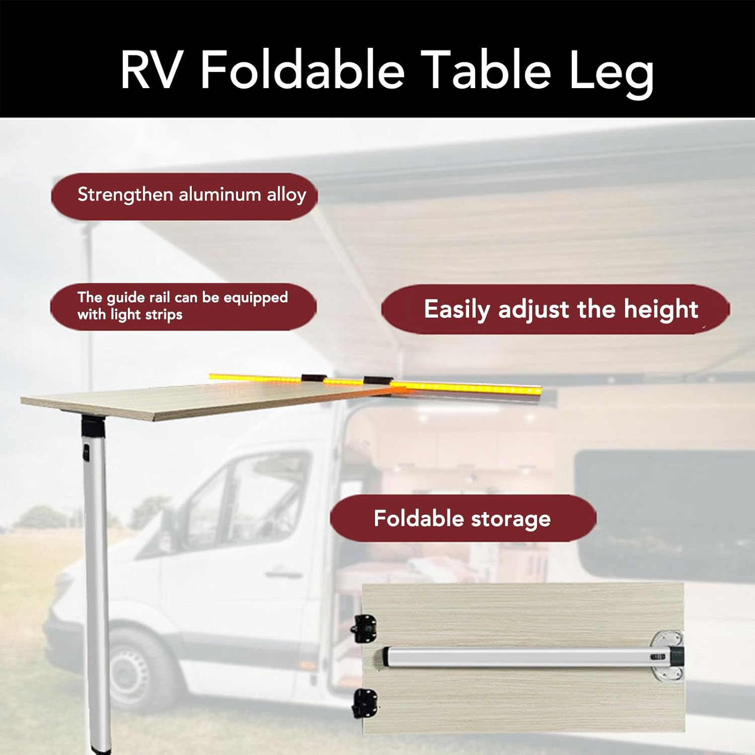 RV Foldable Table Leg, Aluminium Alloy Wall Mount Desktop Leg Stand for Dining Table Laptop Motorhome Vehicle Yachts Caravan Travel Camping with Guide Rail image number 5