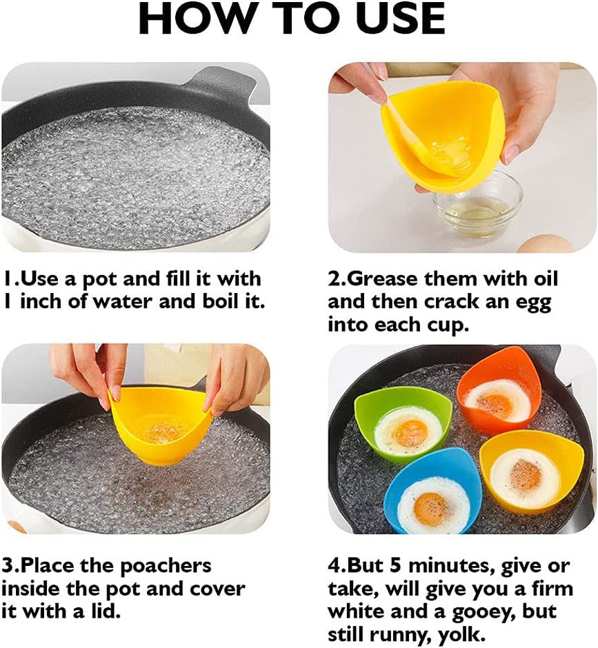 4 Pack Egg Poacher Cook - High Temperature Resistant Silicone Egg Steamer, Food Grade Non Stick Silicone Egg Poaching Cup for Microwave or Stovetop Egg Poaching, with Extra Silicone Oil Brush, BPA Free image number 6