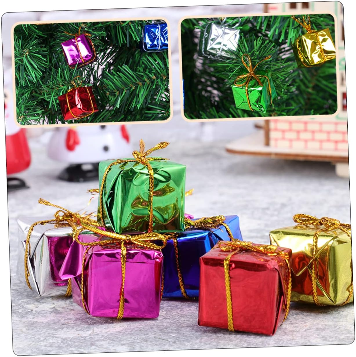 120Pcs Mini Christmas Box Hanging Decorations Holographic Foil Wrapped Ornaments Multicolour Xmas Tree Pendants Small Foam Boxes for Wall and Table Decor Color image number 3
