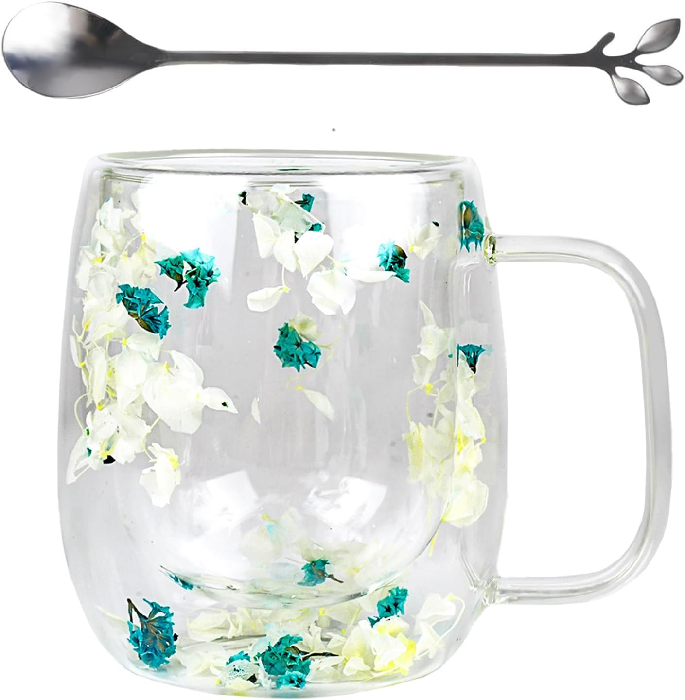Dried Flowers Double Wall Glass Coffee Mugs Clear Cups, 350Ml Aesthetic Dried Flowers Insulated Tea Cups for Cappuccino Tea Espresso Latte Hot Beverages Glasses Birthday Gifts for Women Her image number 1