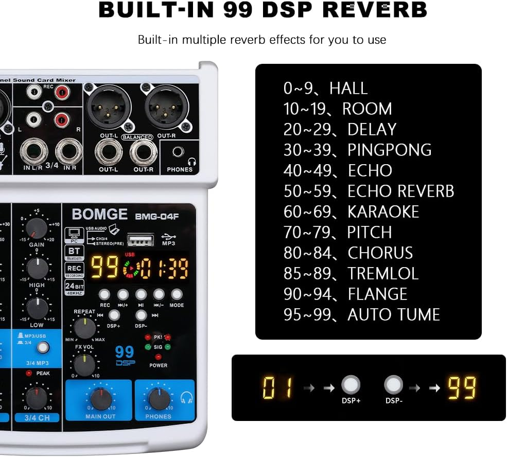 BOMGE 4 Channel Mini DJ Audio Sound Mixer Interface with MP3、 USB, Bluetooth, Stereo Recording, 48V Phantom Power, 24 DSP for Karaoke, Performance, Church Singing 、 Podcas Streaming- White image number 6