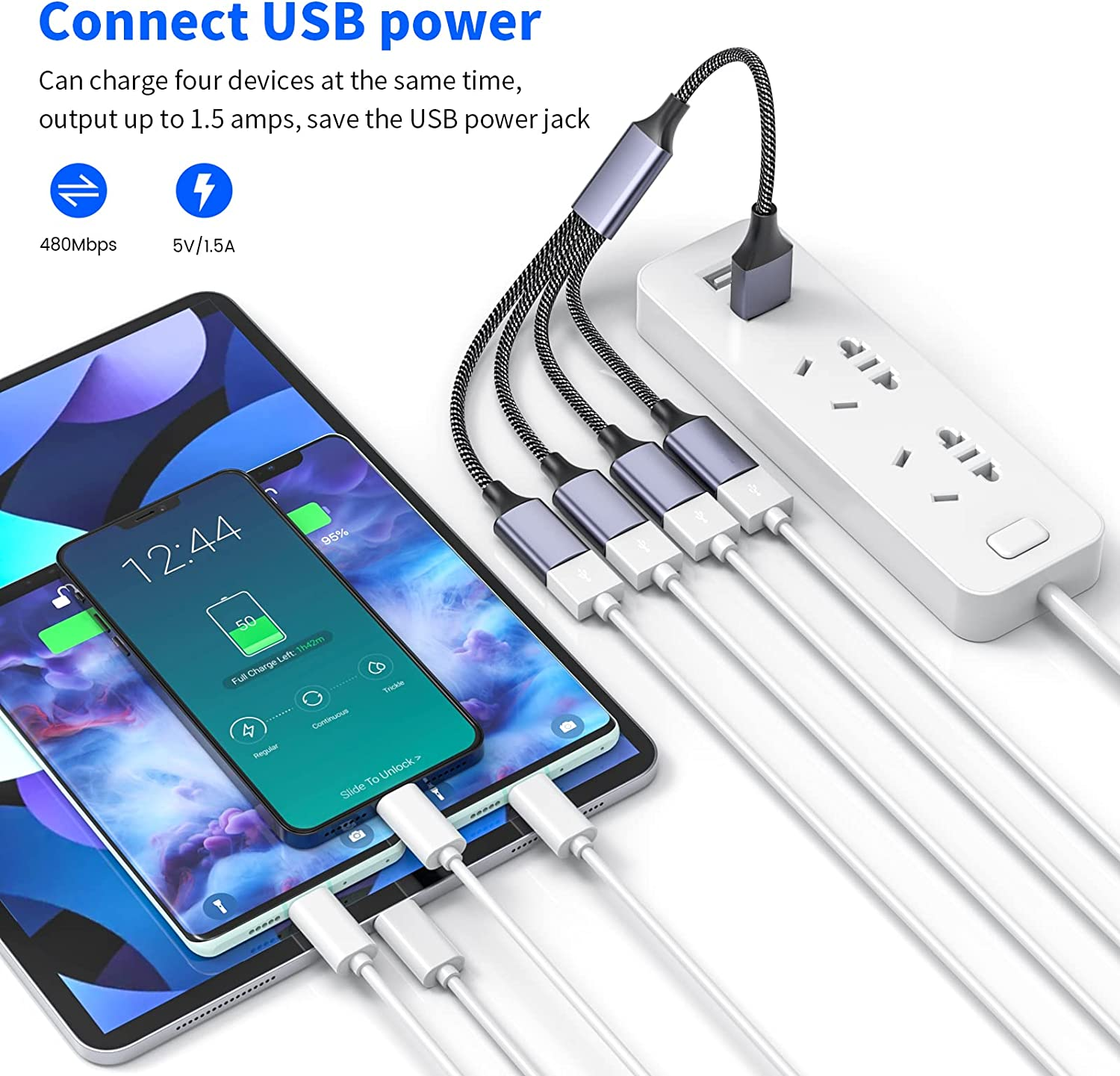 MOGOOD USB Splitter, 4 in 1 Cable Hub Adapter, Multi-Socket Converter with 4 Female Ports, Power Extension Cord for Pc/Car/Laptop/U Disk/Tv image number 2