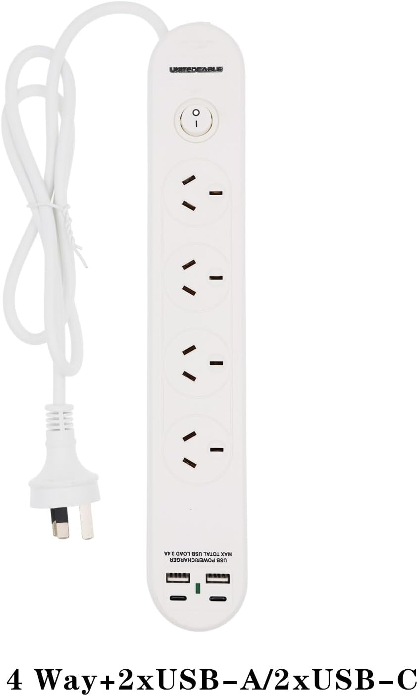 4 Outlets Power Board Overload Protection with Master Switch,Power Board with Protected Indicator Light with 1 Meter Cable SAA Apporved Safety Wall Mounted (4 Outlets with 2Xusb-A 2Xusb-C Ports)