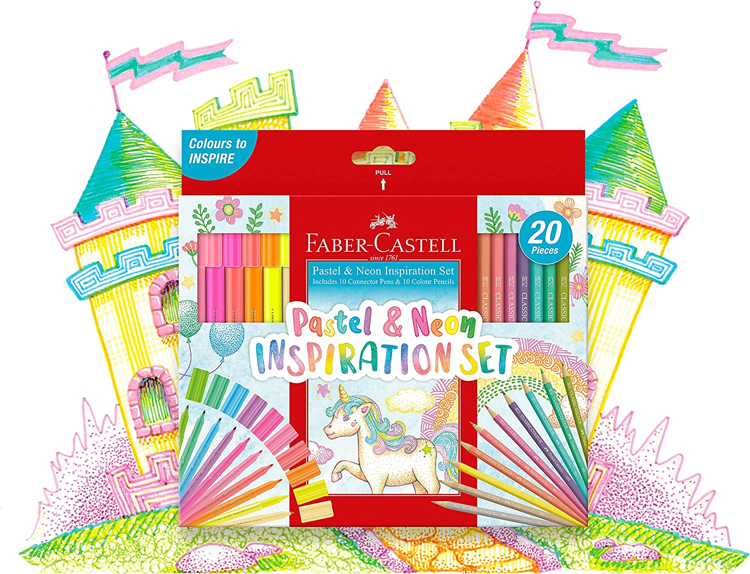 Faber-Castell Pastel and Neon Inspiration Set &ndash; Pack of 20 Includes 10 Connector Pens and 10 Classic Colour Pencils (63-155035) Multicolor