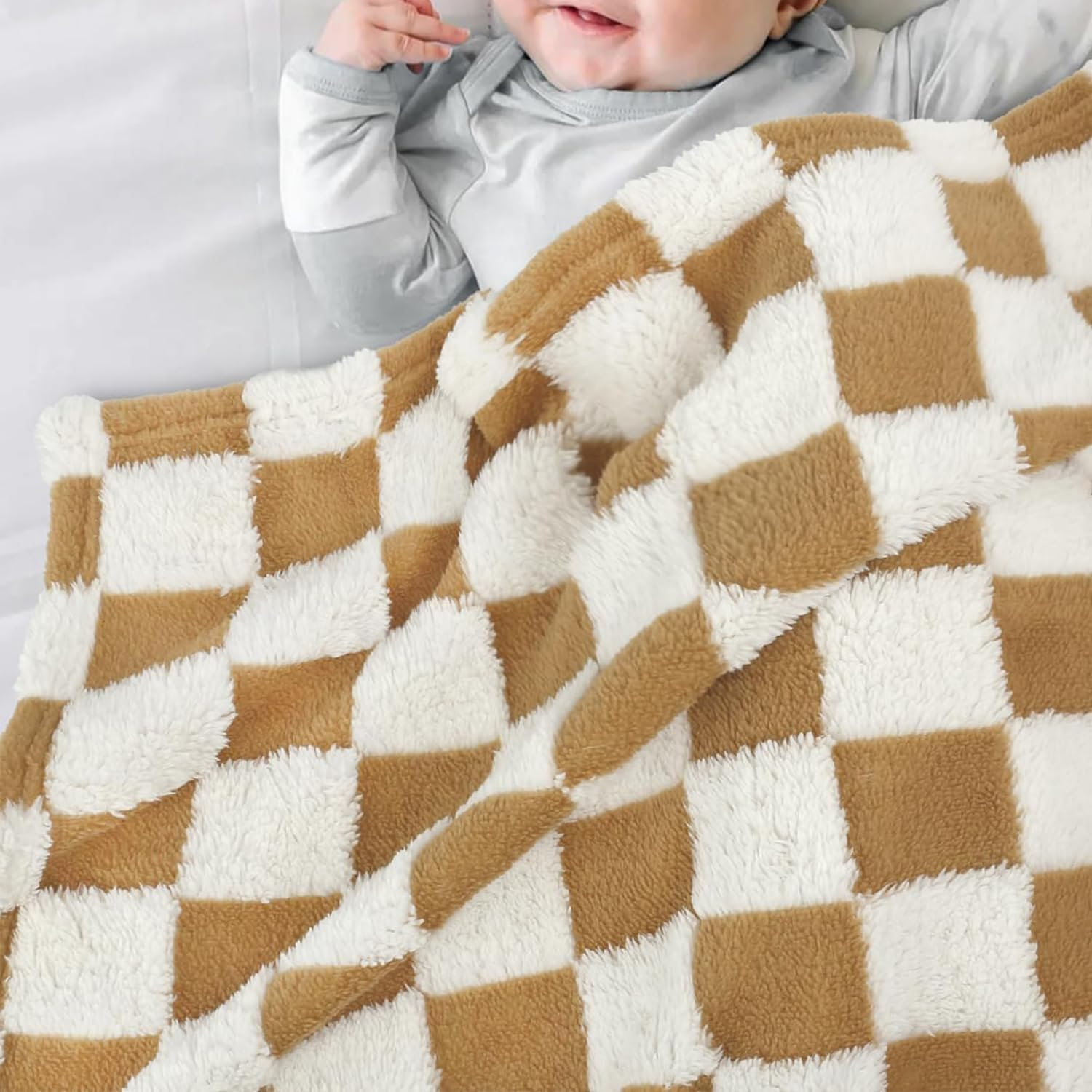 HOMRITAR Super Soft Baby Blanket for Boys Girls Warm Cozy Reversible Checkerboard Toddlers Blanket, Fluffy Fuzzy Plush Lightweight Bed Blanket with Chessboard Grid Design 350GSM Khaki 30 X 40 Inch - Baby Blue image number 2