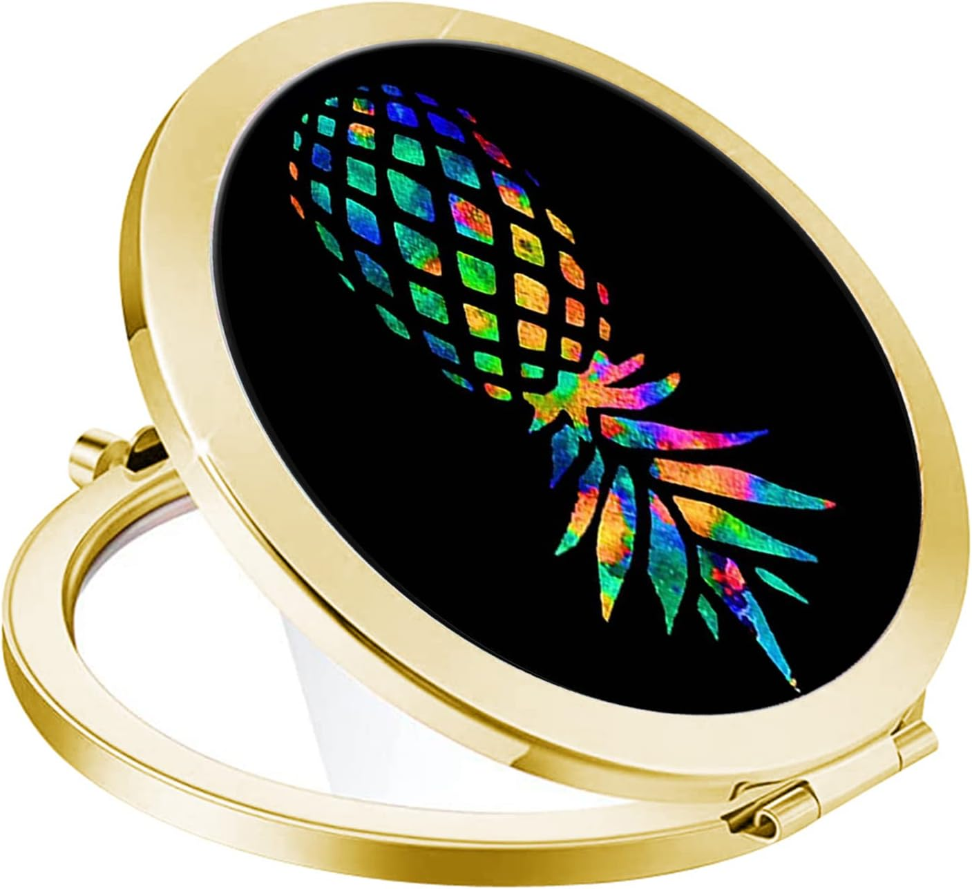 Compact Mirror for Women,Round Mini Pocket Travel Makeup Mirror,Pretty Portable Folding Small Pocket Mirror for Handbag,Purse,Double Sided Handheld Pocket Mirror（Golden Black Pineapple） image number 4