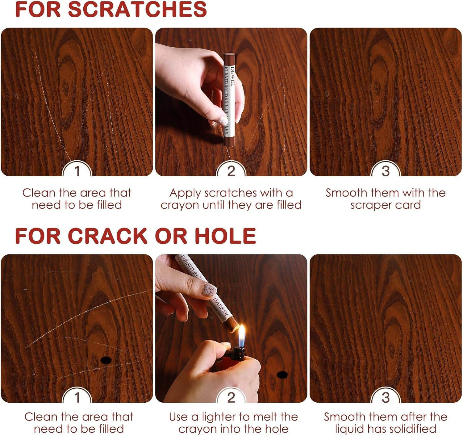 DEWEL Wood Filler Sticks, 10 Pcs Furniture Crayons for Scratches, Touch up Wax Sticks, Upgrade Furniture Repair Wax Crayons Kit for Scratches, Holes, Floor, Table, Laminate, Carpenters image number 1