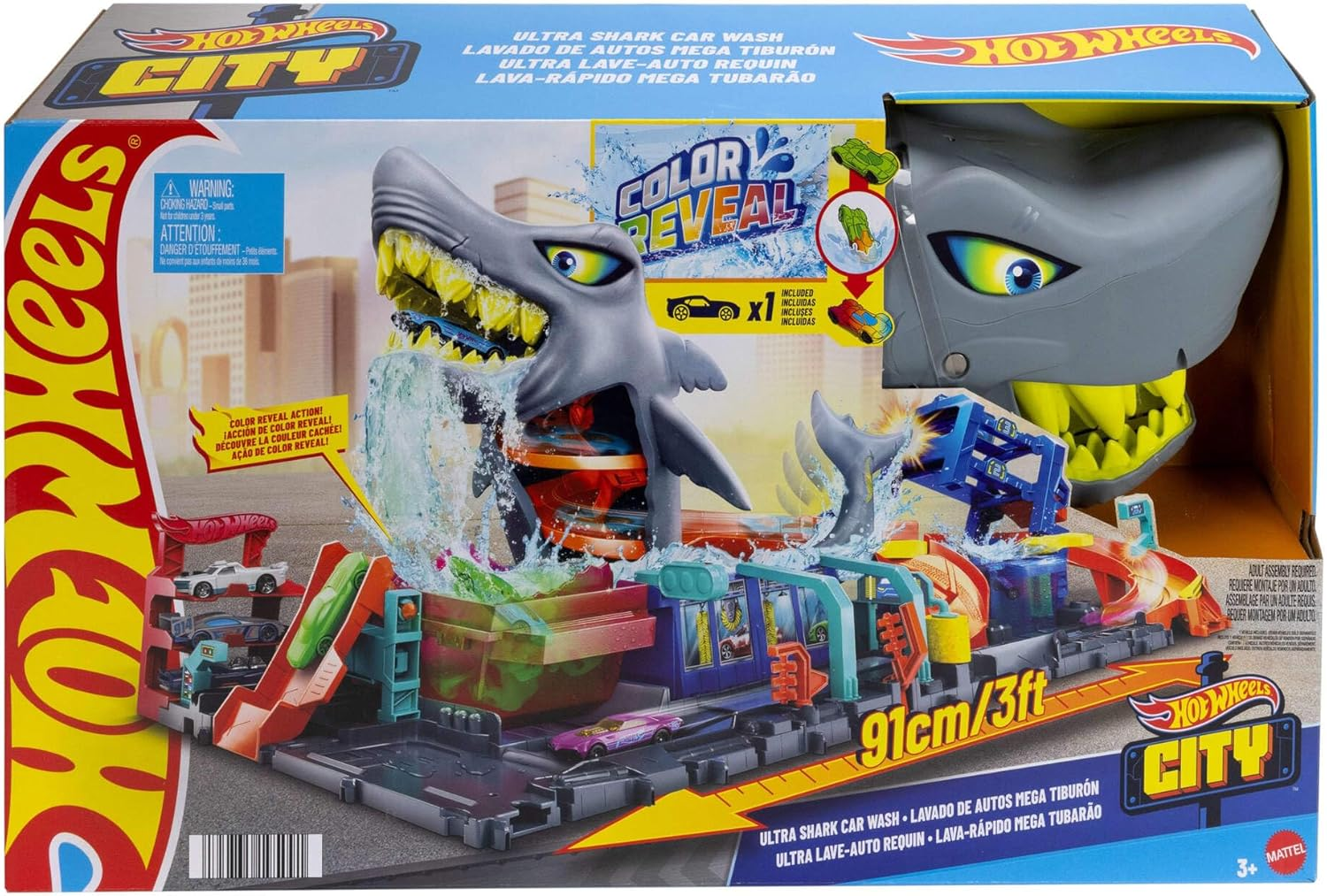 Hot Wheels City Track Set, Ultra Shark Car Wash with 1:64 Scale Color Reveal Toy Vehicle, Repeat Color-Change Feature, Storage image number 2