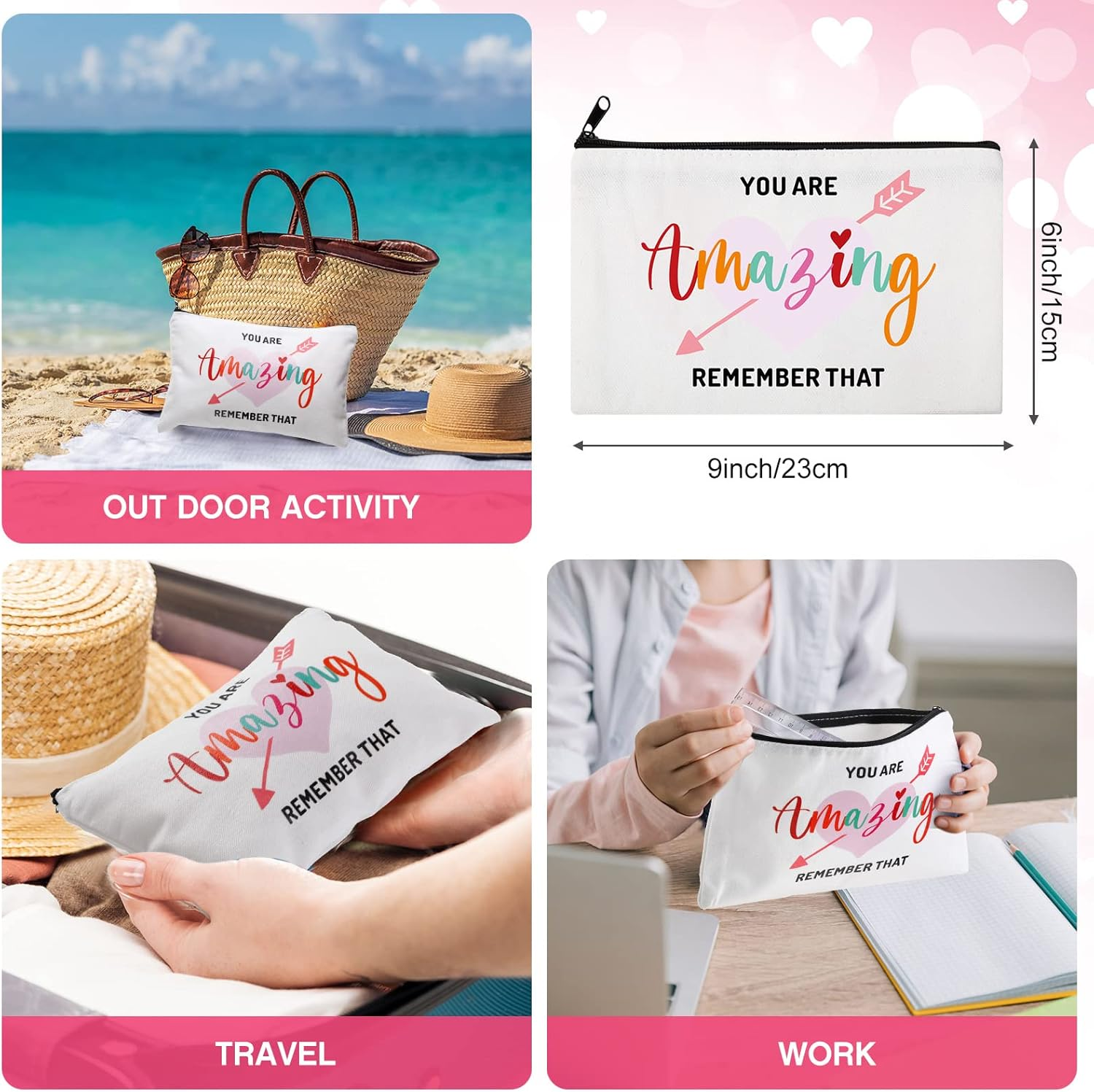 Chunful 10 Pieces Inspirational Canvas Makeup Bags for Women Bulk Rainbow Canvas Makeup Bags Cosmetic Bag with Zipper Friendship Gift Travel Toiletry Bag Pouch, White, Tree Style image number 3