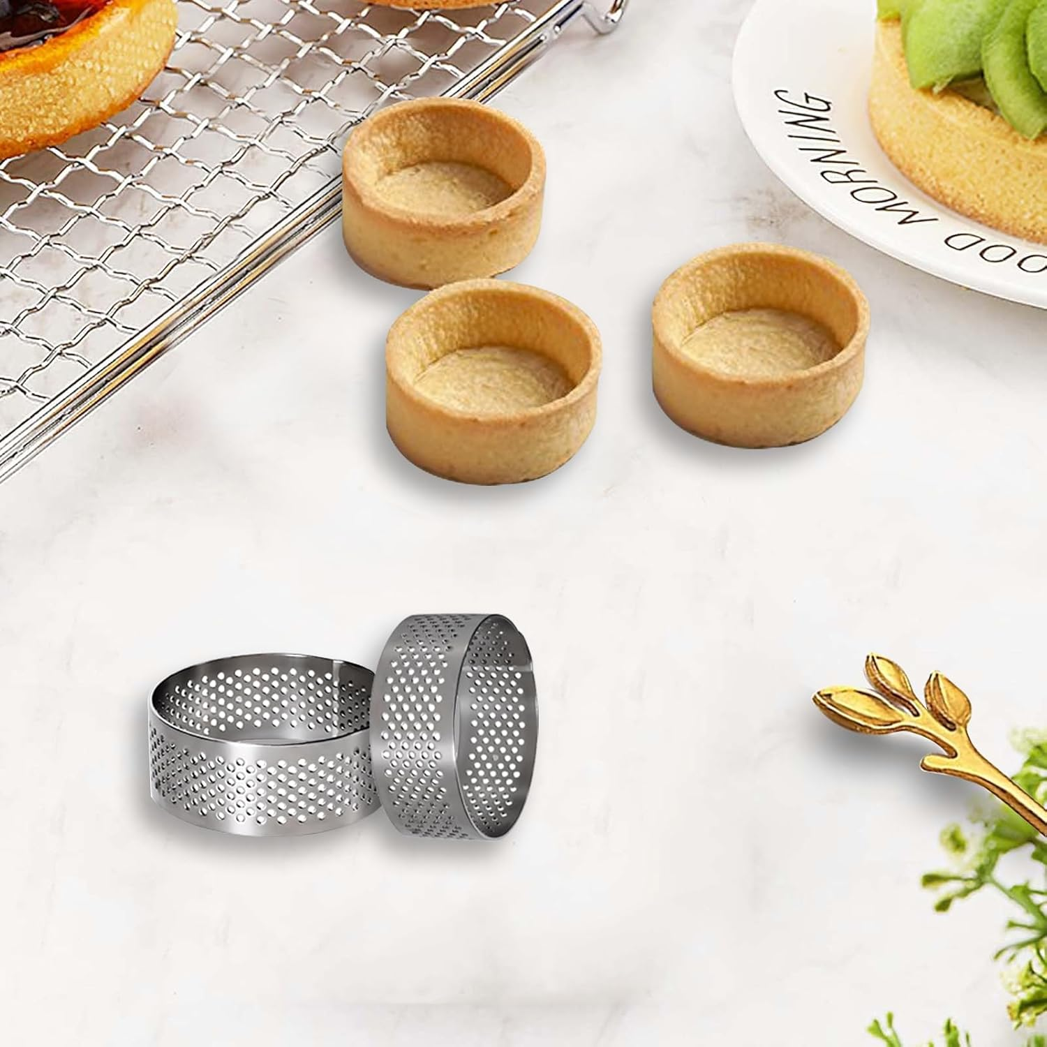 10 Pcs 1.98 Inch Stainless Steel Tart Ring, Heat-Resistant Perforated Cake Mousse Ring, round Ring Baking Doughnut Tools 5Cm image number 3