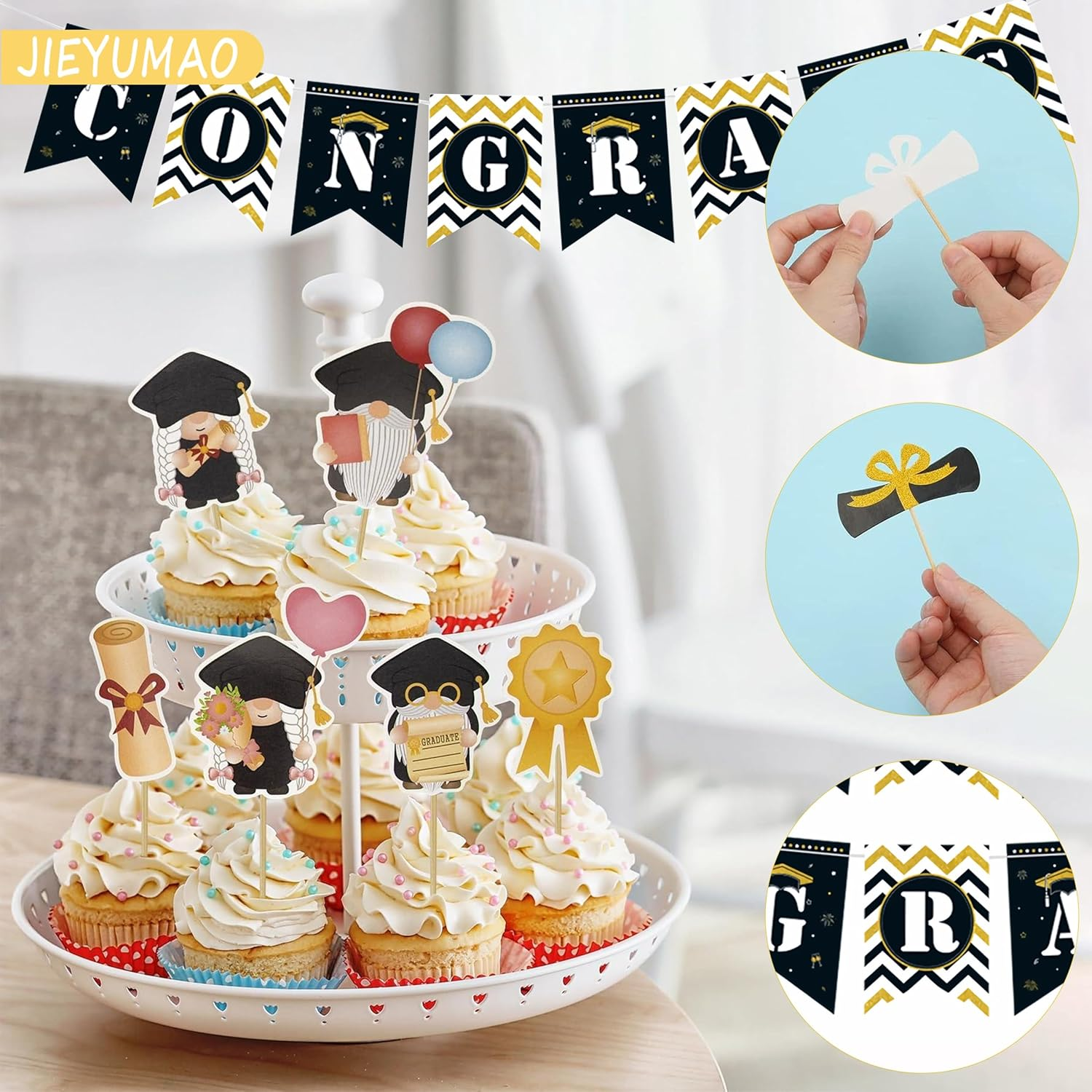 39Pcs Graduation Cake Topper, Black Gold Grad Cake Decor with Graduation Banner, Grad Cap Diploma Cupcake Picks Graduation Cupcake Toppers for Graduations Party Decorations image number 4