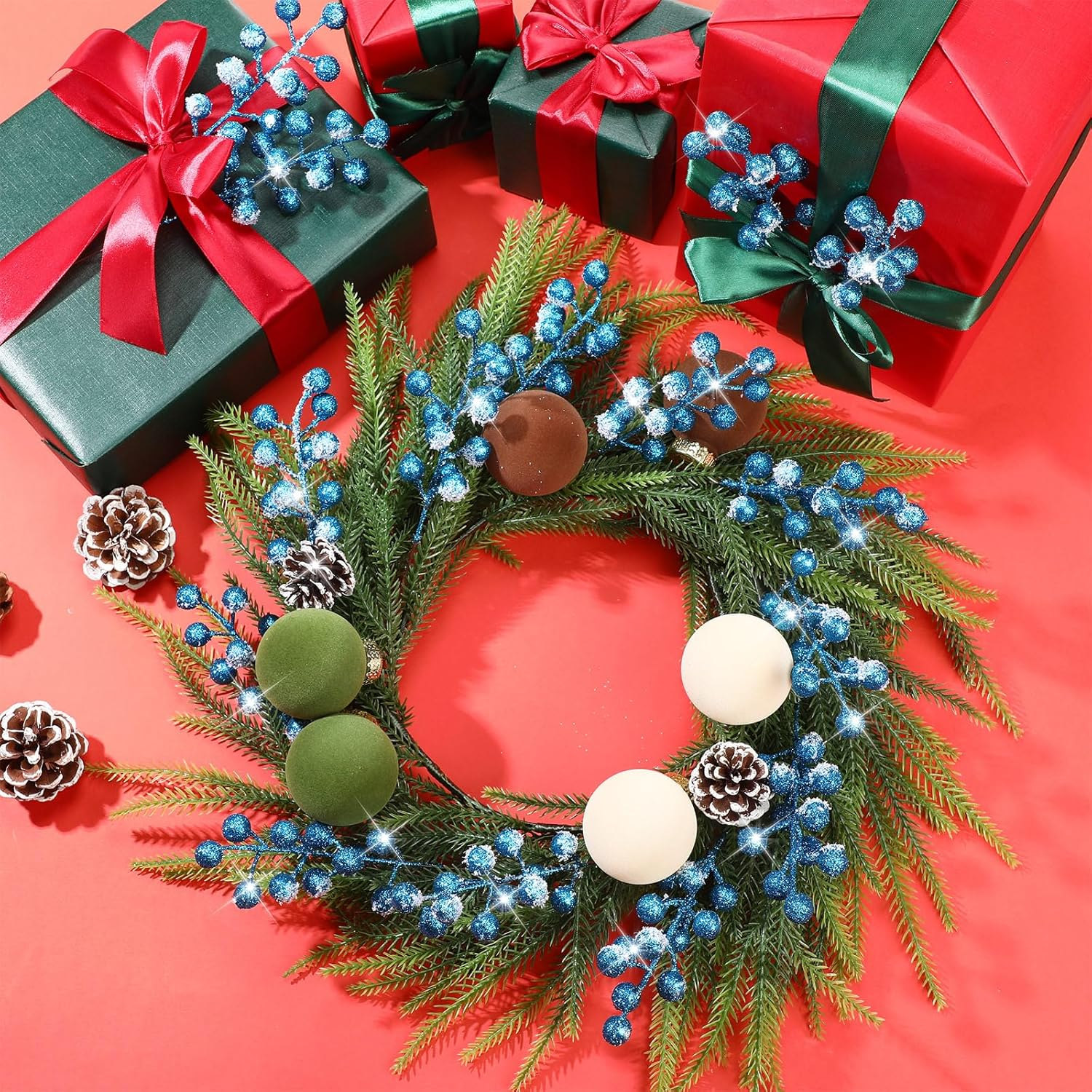 Geosar 30 Pieces Artificial Christmas Berry Picks with Snowflake Glitter Artificial Holly Berry Stems for Christmas Tree Ornaments Vases DIY Crafts Home Wedding Party Holiday Decor(Light Blue)