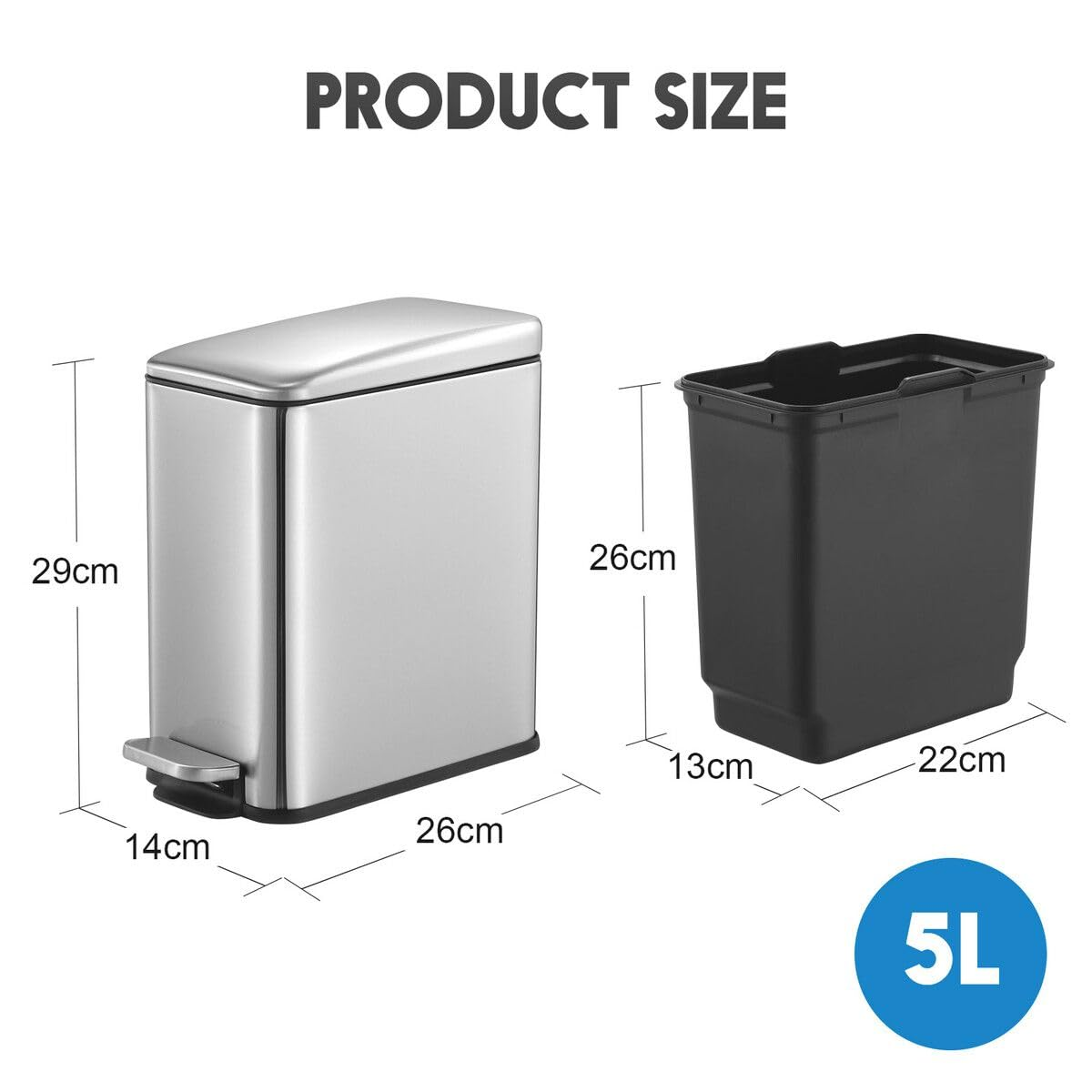 Maxkon 5L Small Pedal Rubbish Bin Stainless Steel Slim Waste Garbage Trash Can Soft Close Lid Bathroom Sliver 26 X 14 X 29 Cm - Black-20L Foot image number 6