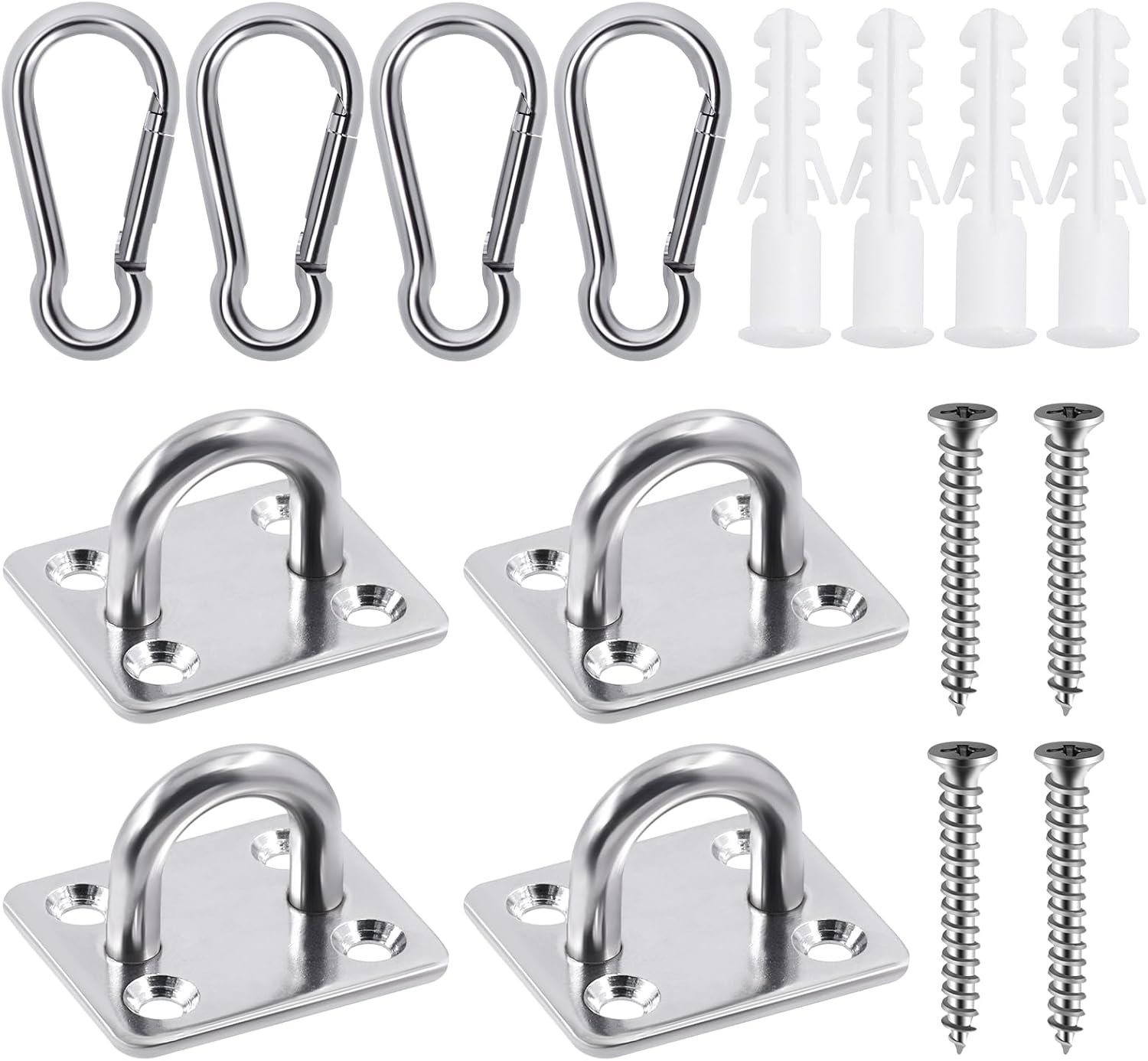 Glarks 8Pcs M6 Stainless Steel Pad Eye Plate Hook and Snap Hook Kit, Square Eye Plate U Hooks Heavy Duty Ceiling Hooks and Carabiner Clips Snap Hook for Ceiling and Mounting Hanging Hardware image number 6