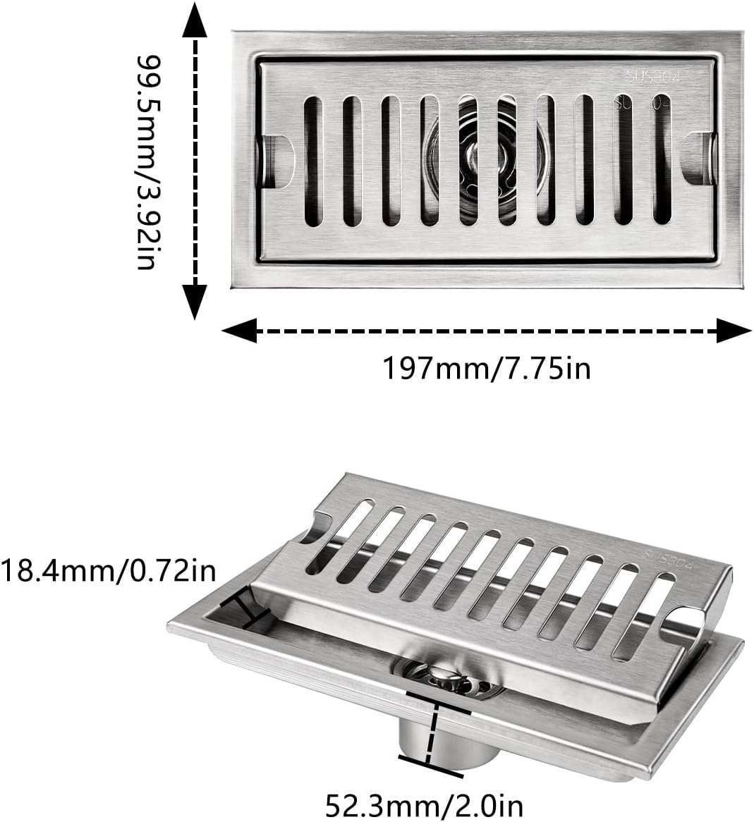 20 X 10 Cm Silver Rectangular Floor Drain with Stainless Steel Grate, Odour Trap, and Hair Catcher for Shower, Toilet, Bathroom, Kitchen, Balcony image number 2