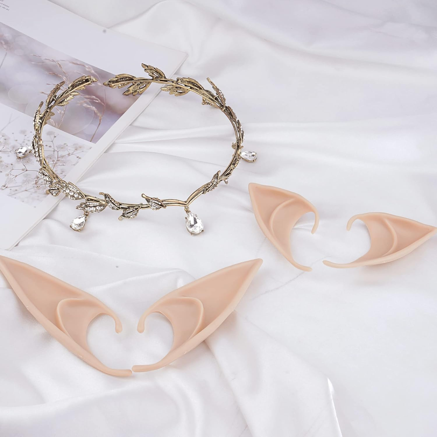 FRESHME Elf Ears with Fairy Crown Set Pixie Headpiece with 2 Pairs Fairy Ears Kit - Crystal Crown - Gold Set image number 3